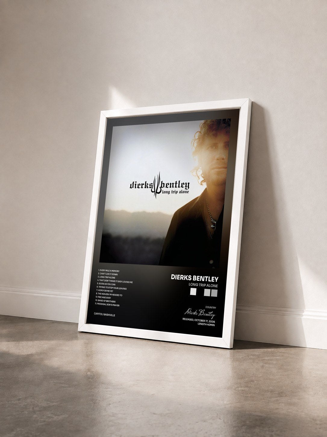 #blanc Tableau de l'album Long Trip Alone de Dierks Bentley vu de trois quarts, cadre blanc