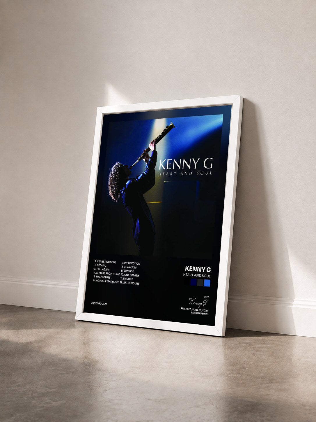 #blanc Tableau de l'album Heart And Soul de Kenny G vu de trois quarts, cadre blanc