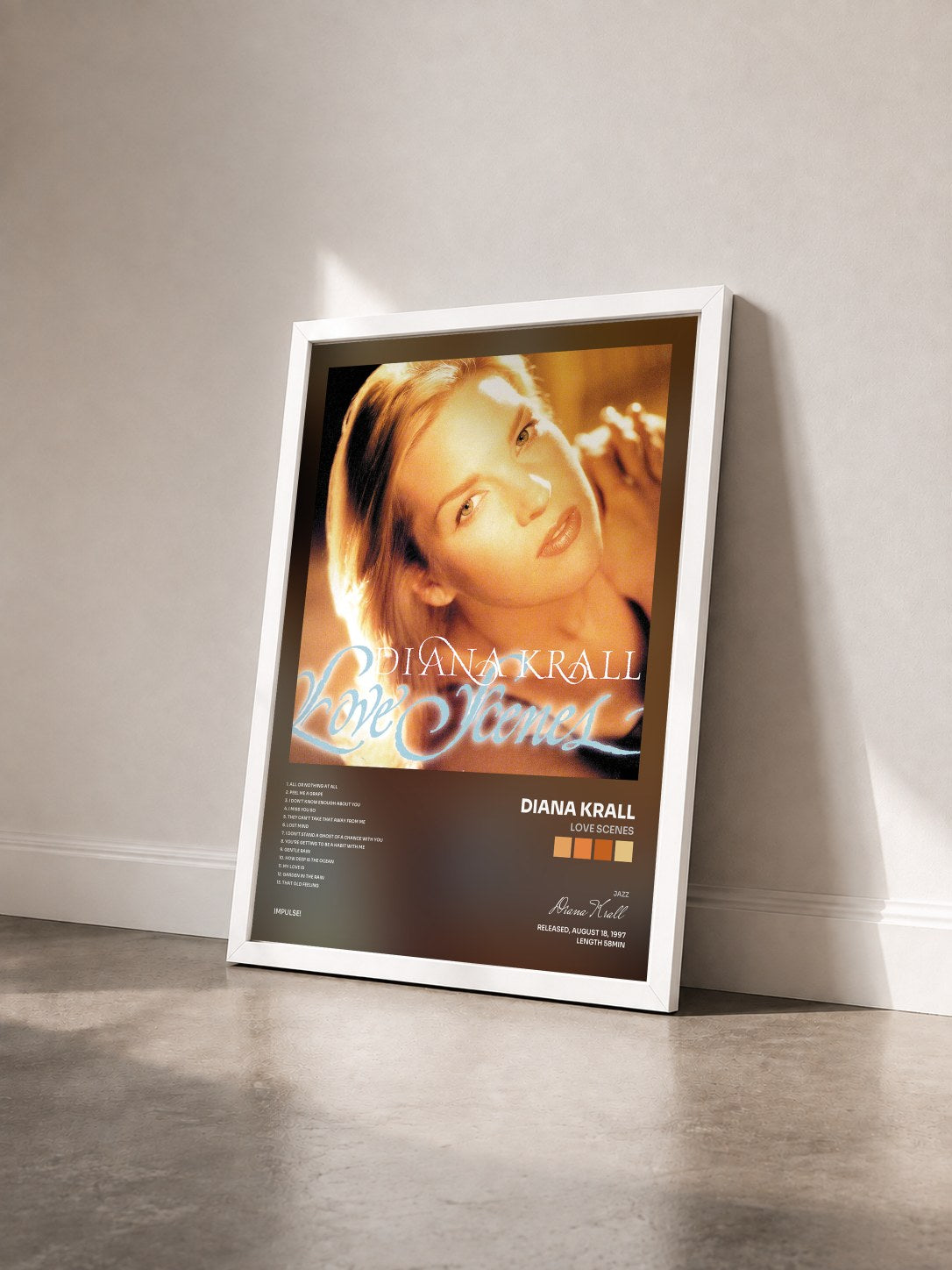 #blanc Tableau de l'album Love Scenes de Diana Krall vu de trois quarts, cadre blanc