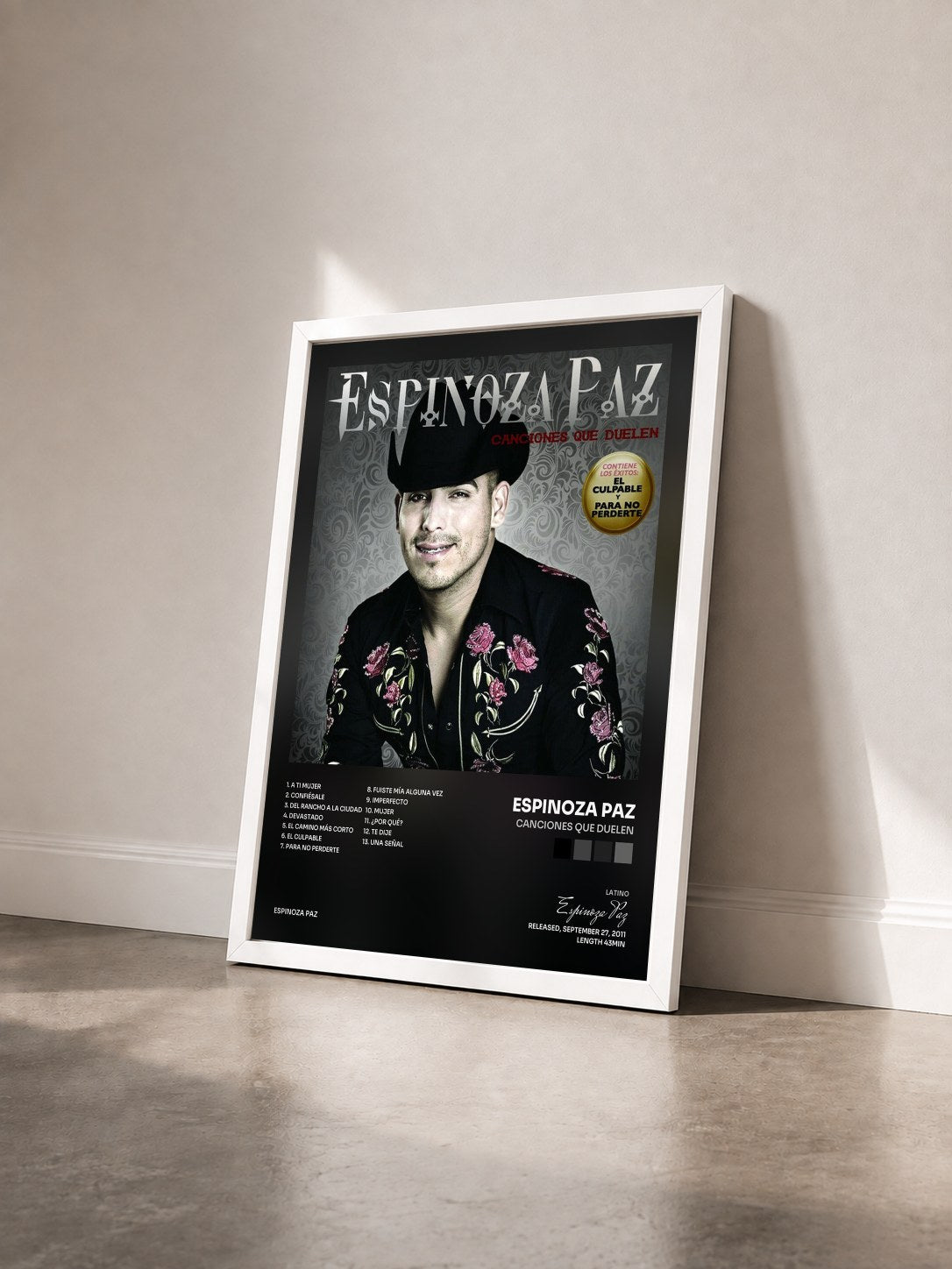 #blanc Tableau de l'album Canciones Que Duelen de Espinoza Paz vu de trois quarts, cadre blanc