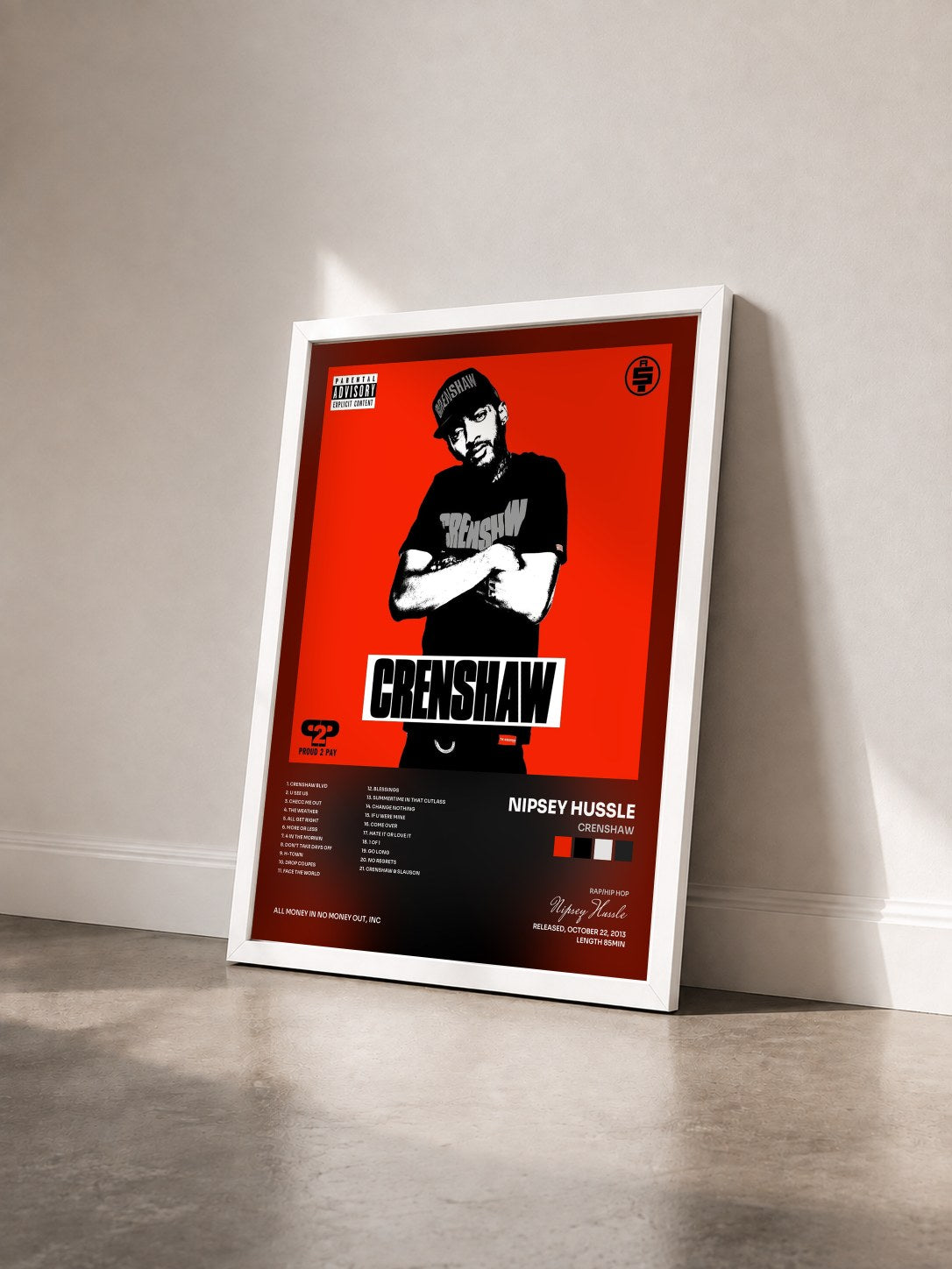 #blanc Tableau de l'album Crenshaw de Nipsey Hussle vu de trois quarts, cadre blanc