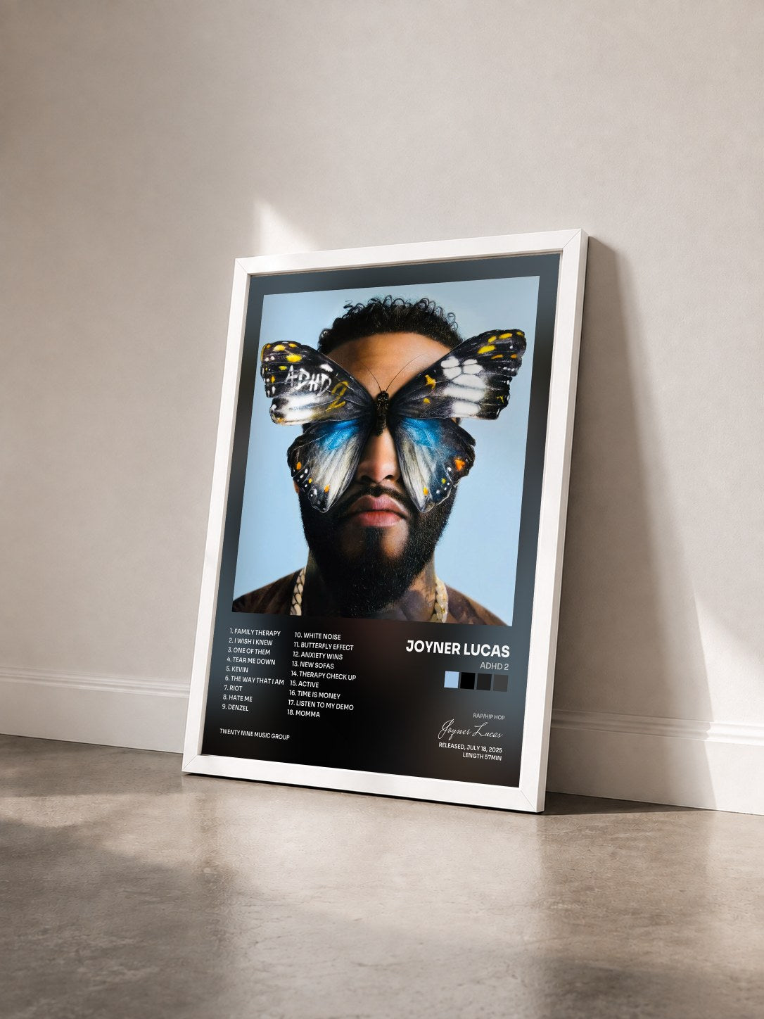 #blanc Tableau de l'album ADHD 2 de Joyner Lucas vu de trois quarts, cadre blanc