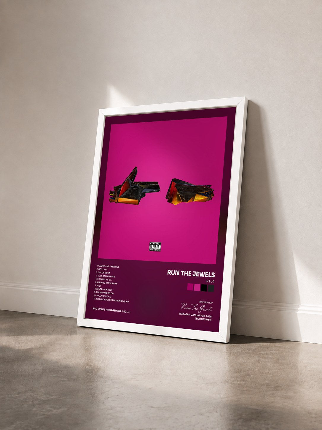 #blanc Tableau de l'album RTJ4 de Run The Jewels vu de trois quarts, cadre blanc