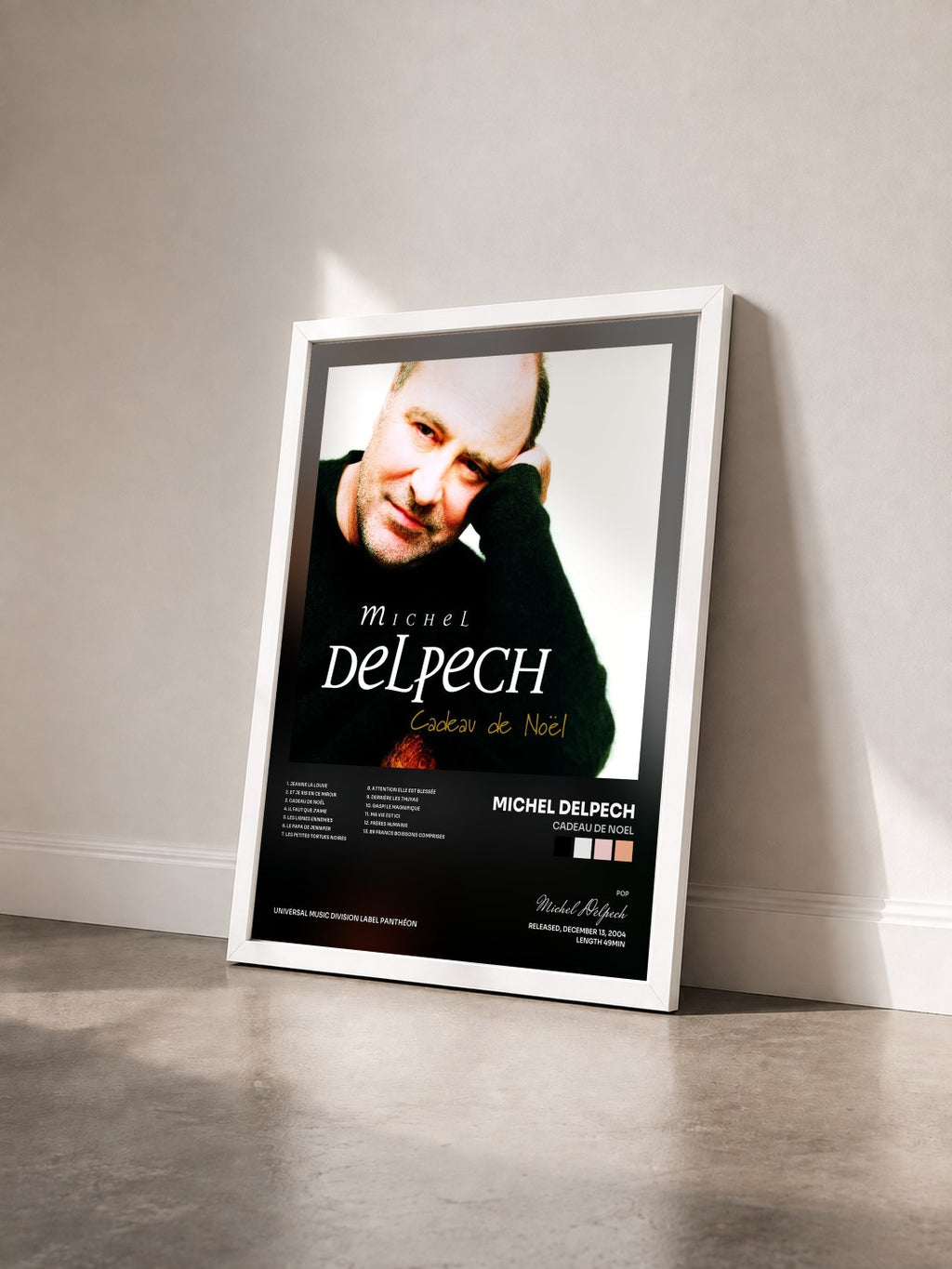 #blanc Tableau de l'album Cadeau De Noel de Michel Delpech vu de trois quarts, cadre blanc