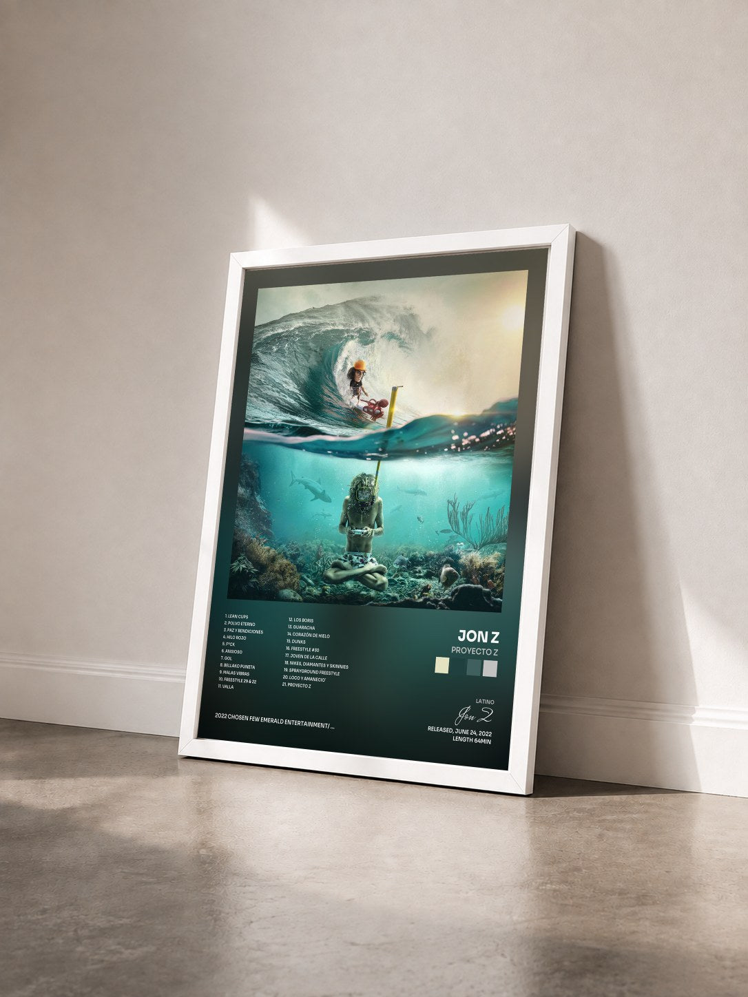 #blanc Tableau de l'album Proyecto Z de Jon Z vu de trois quarts, cadre blanc