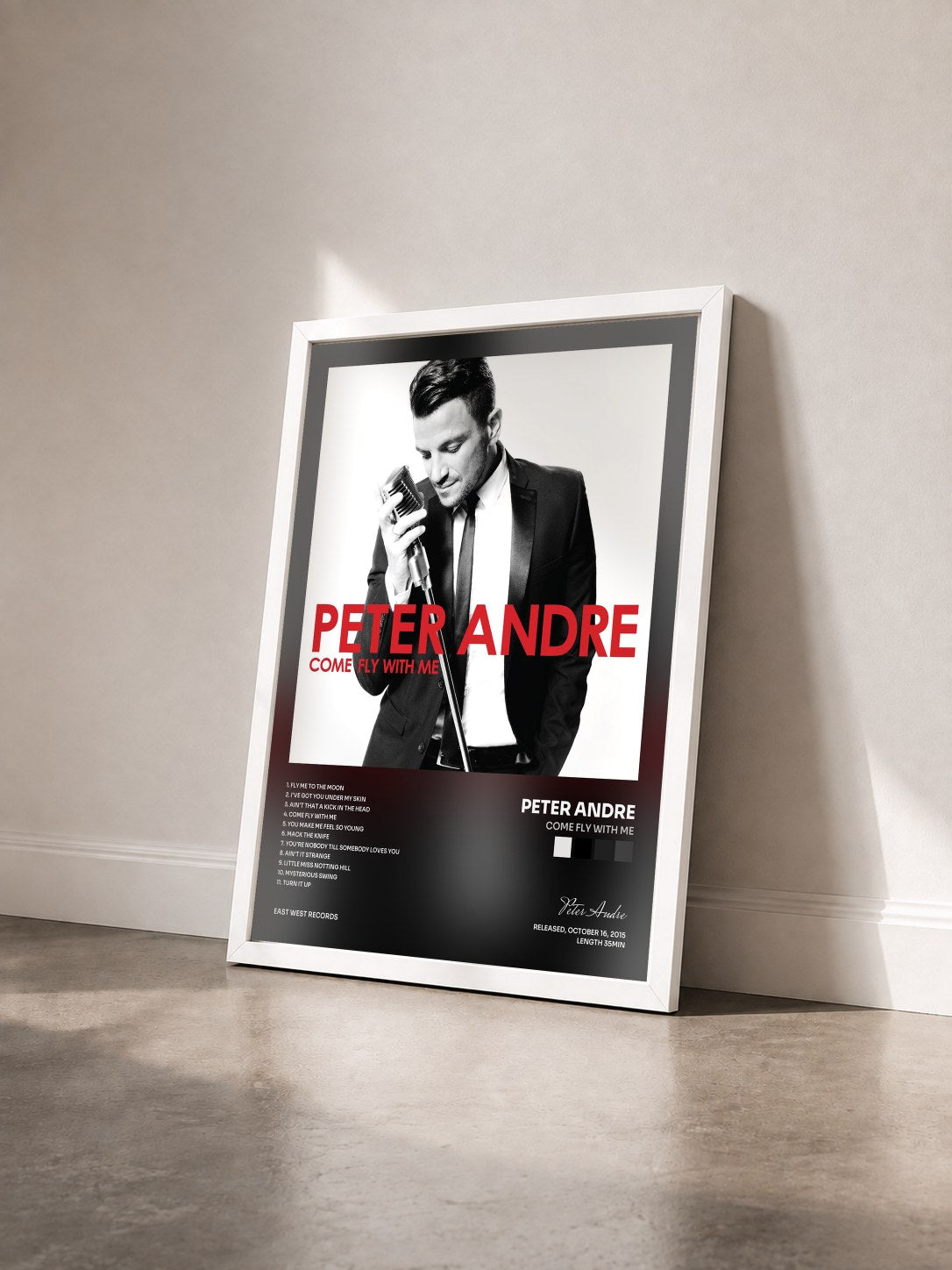#blanc Tableau de l'album Come Fly With Me de Peter Andre vu de trois quarts, cadre blanc