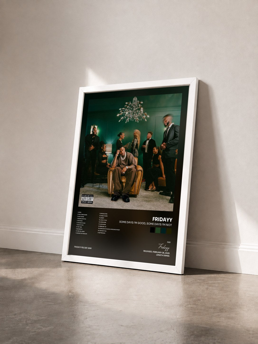 #blanc Tableau de l'album Some Days I’m Good, Some Days I’m Not de Fridayy vu de trois quarts, cadre blanc