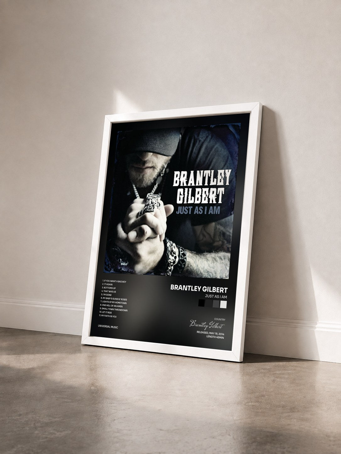 #blanc Tableau de l'album Just As I Am de Brantley Gilbert vu de trois quarts, cadre blanc