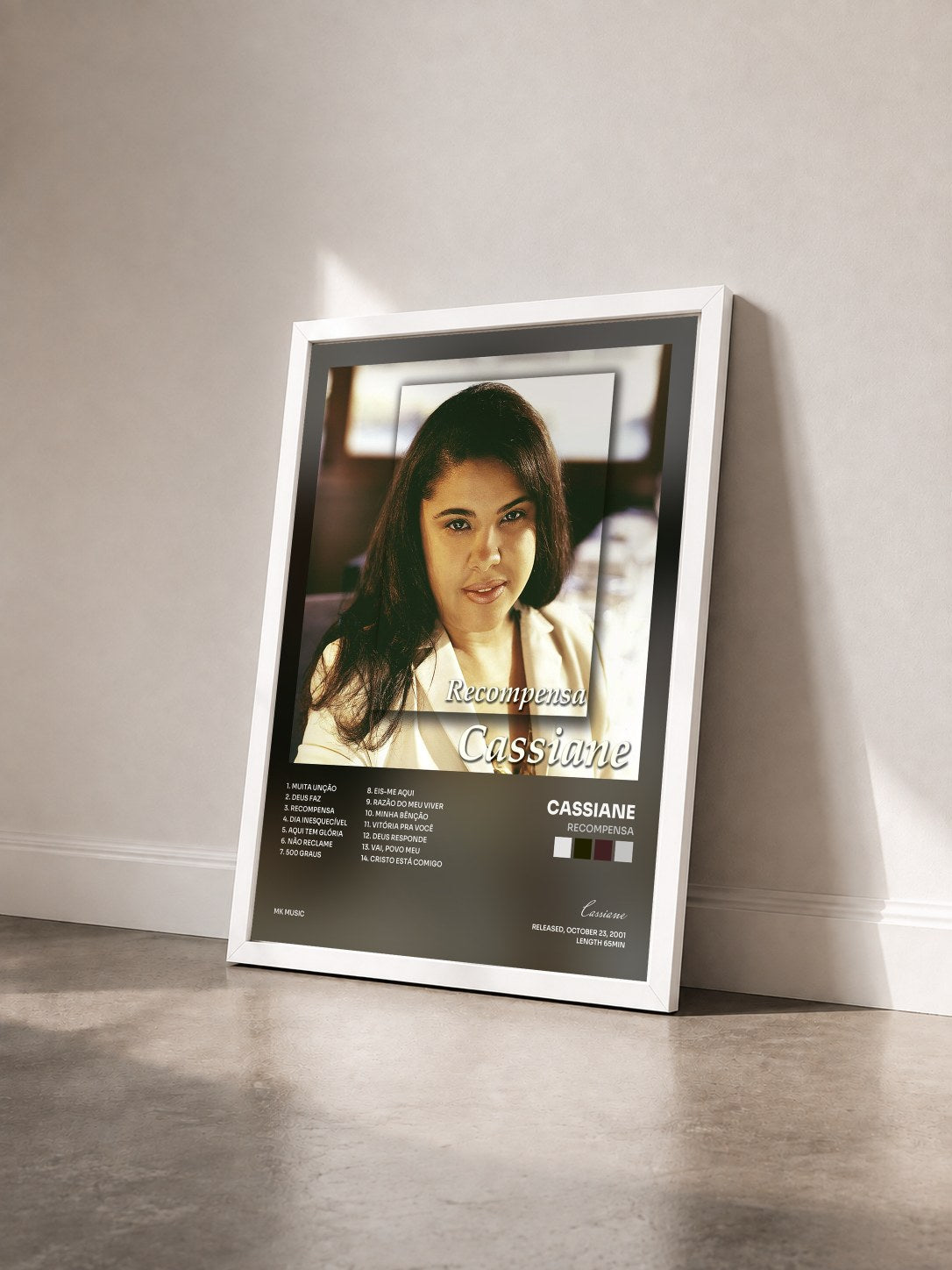 #blanc Tableau de l'album Recompensa de Cassiane vu de trois quarts, cadre blanc