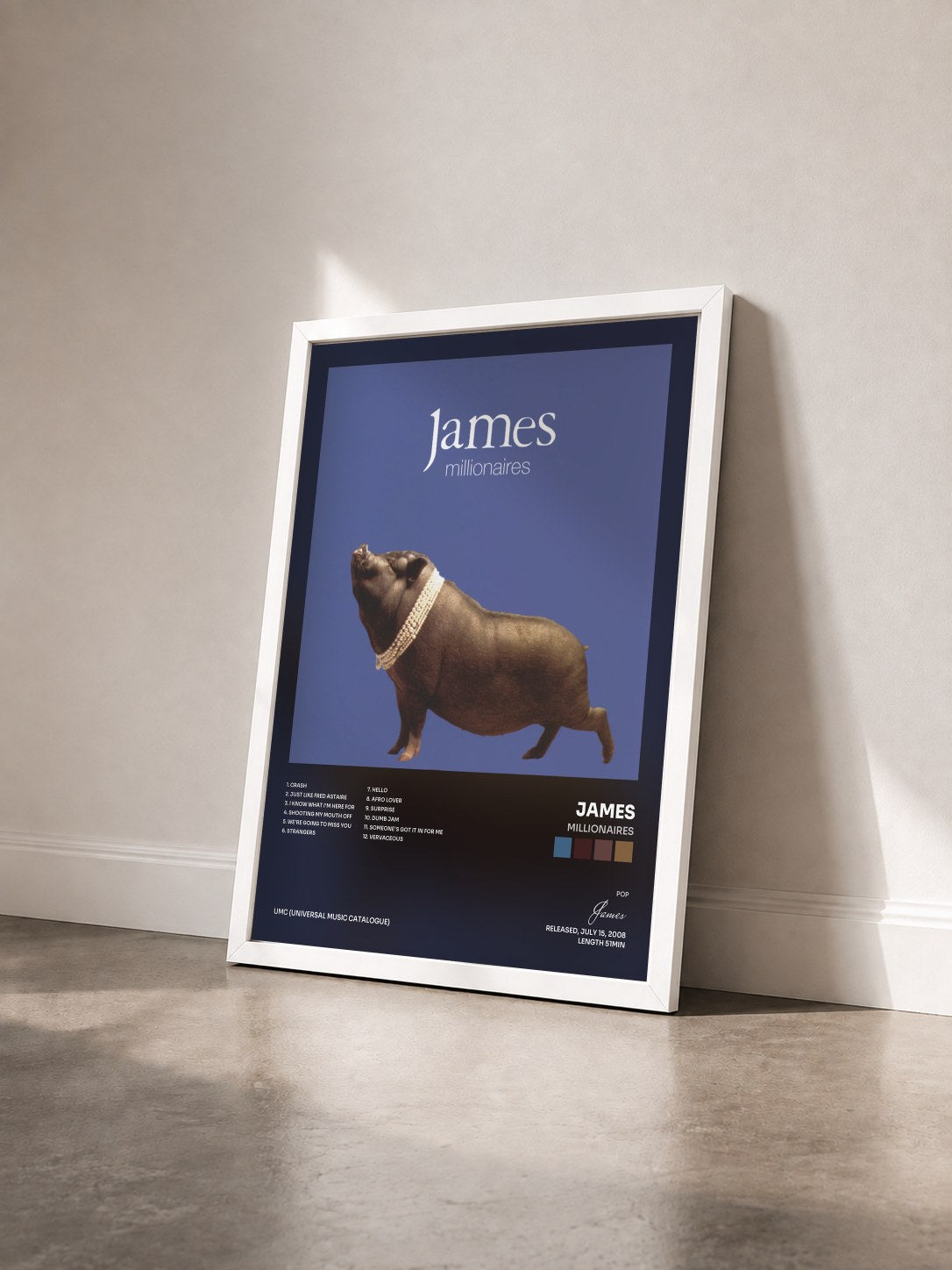 #blanc Tableau de l'album Millionaires de James vu de trois quarts, cadre blanc