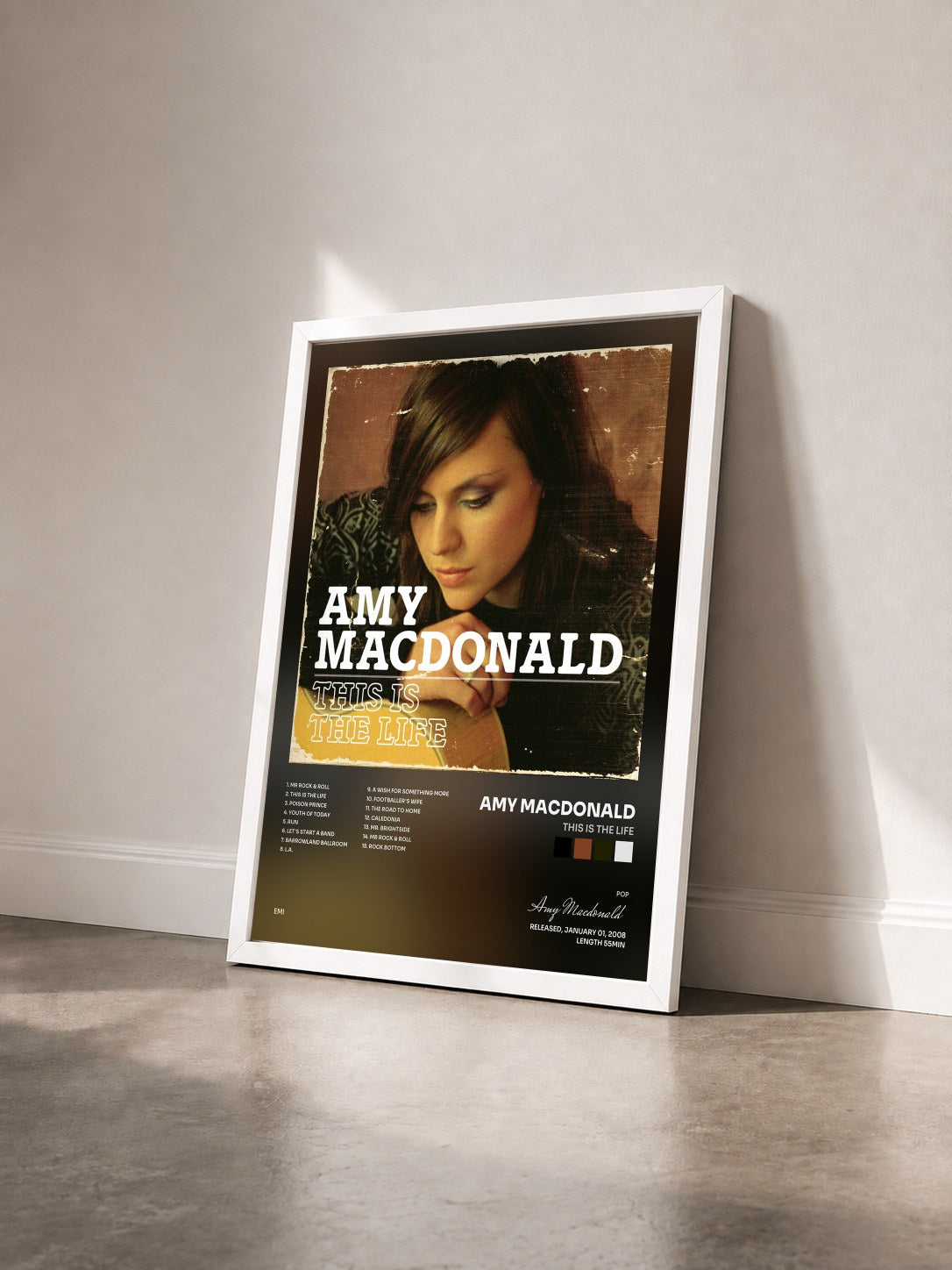 #blanc Tableau de l'album This Is The Life de Amy Macdonald vu de trois quarts, cadre blanc