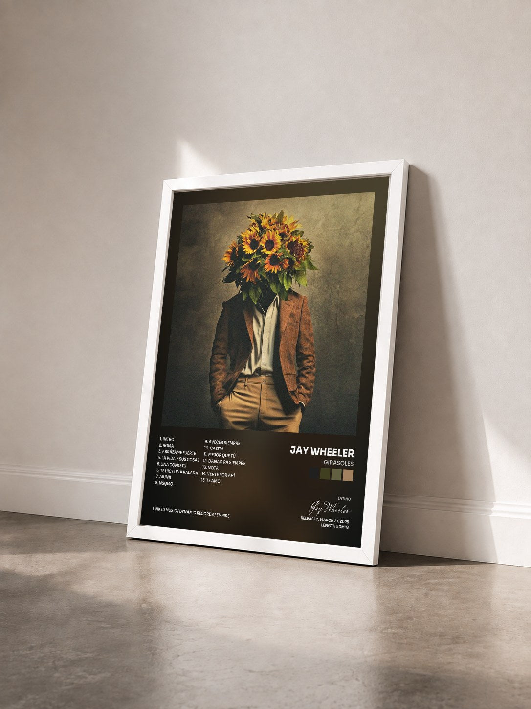 #blanc Tableau de l'album GIRASOLES de Jay Wheeler vu de trois quarts, cadre blanc