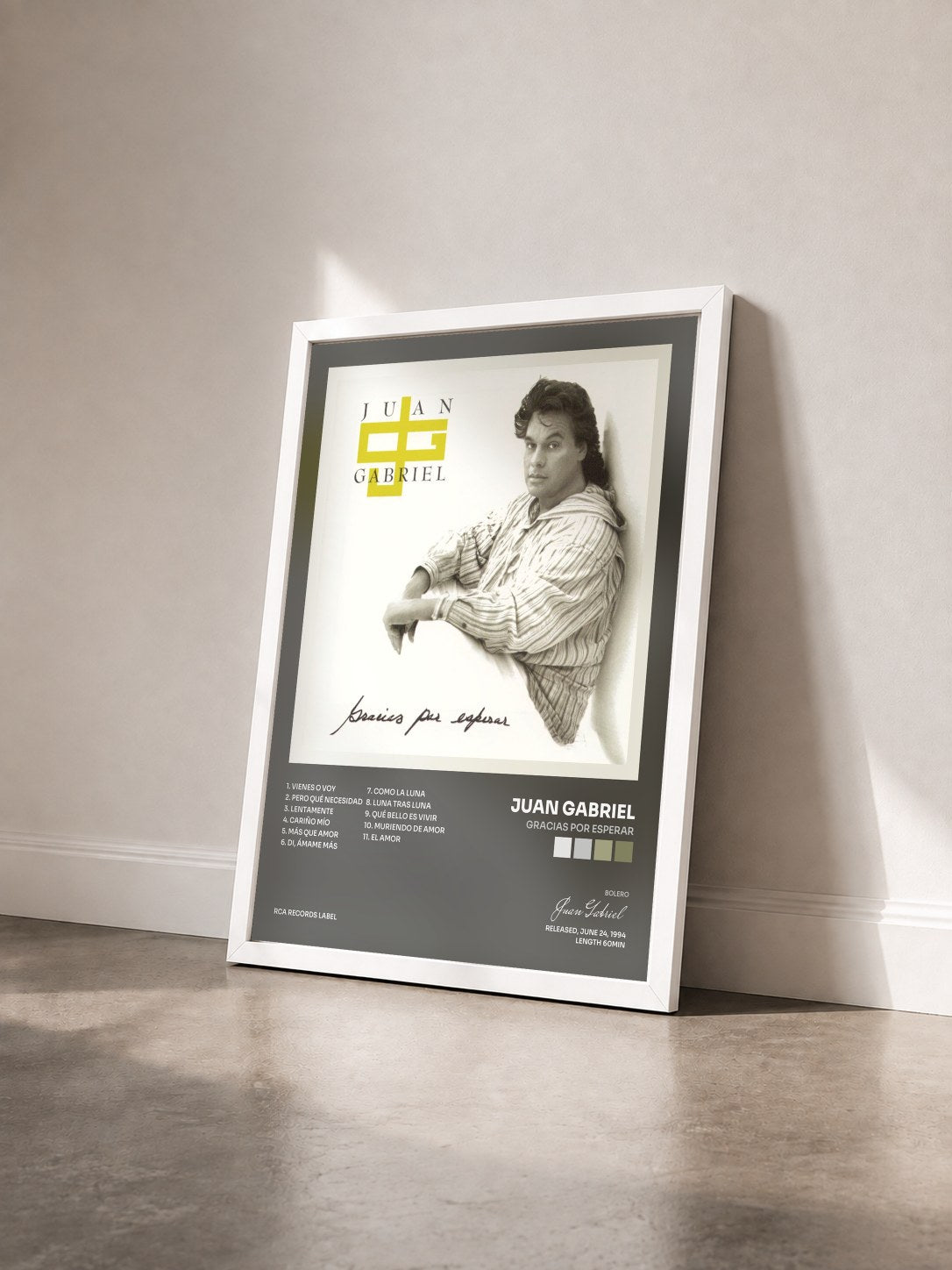 #blanc Tableau de l'album Gracias por Esperar de Juan Gabriel vu de trois quarts, cadre blanc