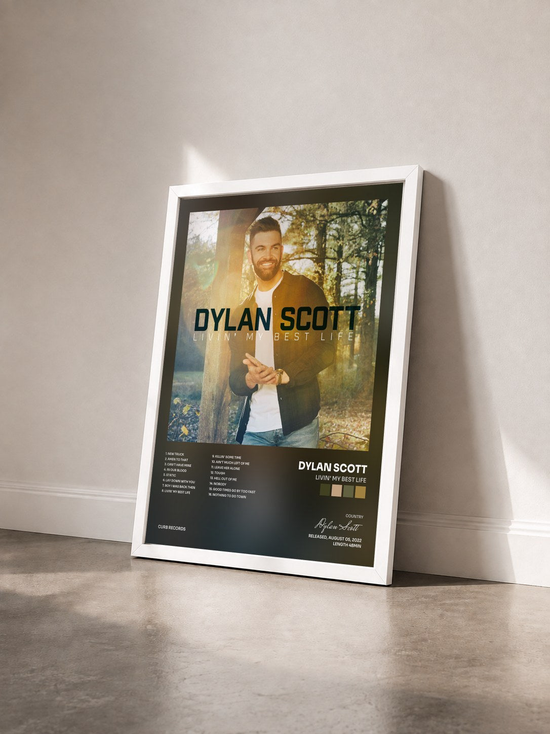 #blanc Tableau de l'album Livin' My Best Life de Dylan Scott vu de trois quarts, cadre blanc