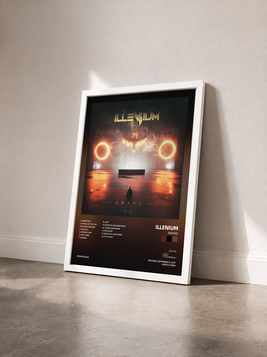 #blanc Tableau de l'album Awake de Illenium vu de trois quarts, cadre blanc