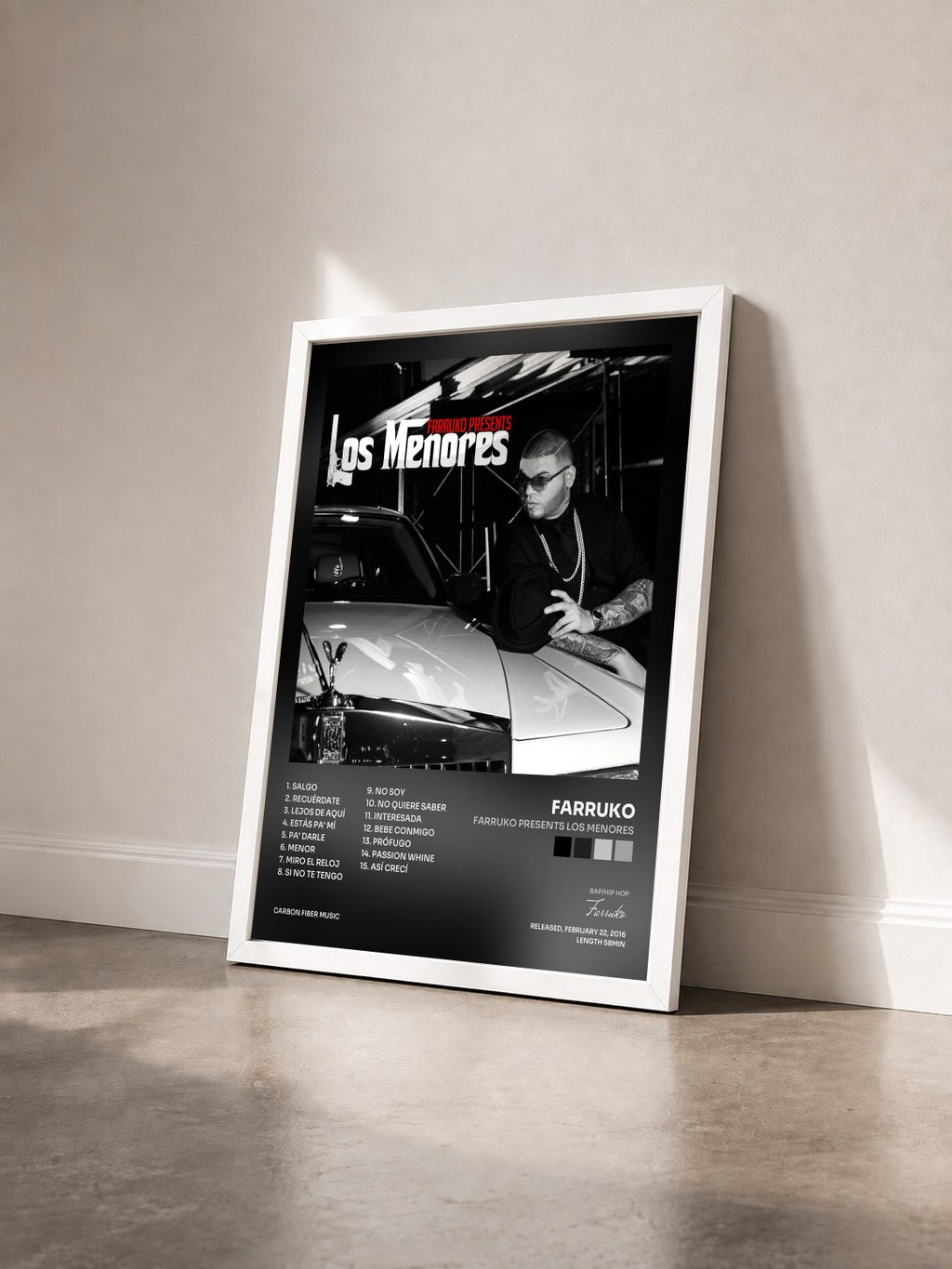 #blanc Tableau de l'album Farruko Presents Los Menores de Farruko vu de trois quarts, cadre blanc
