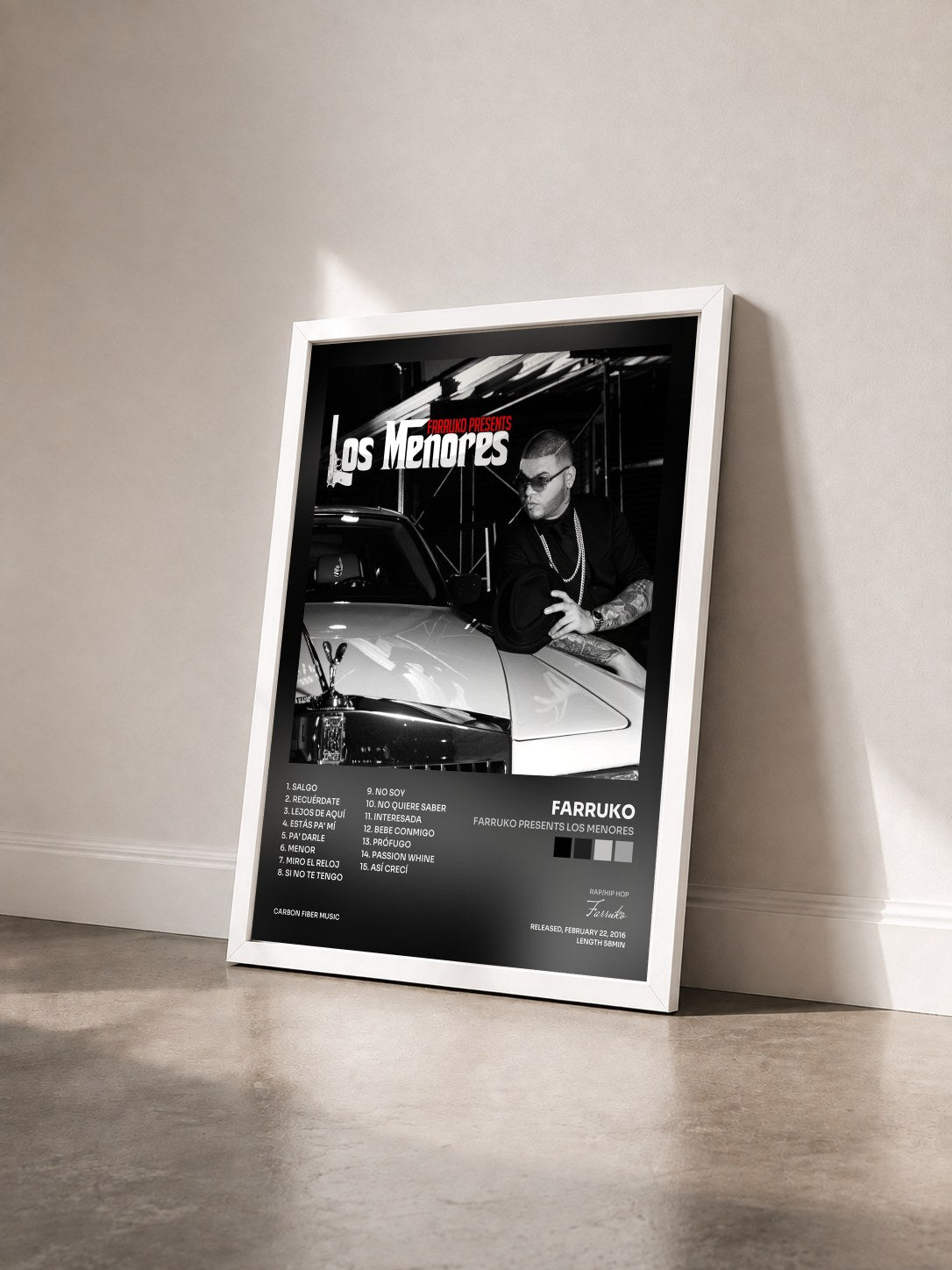 #blanc Tableau de l'album Farruko Presents Los Menores de Farruko vu de trois quarts, cadre blanc