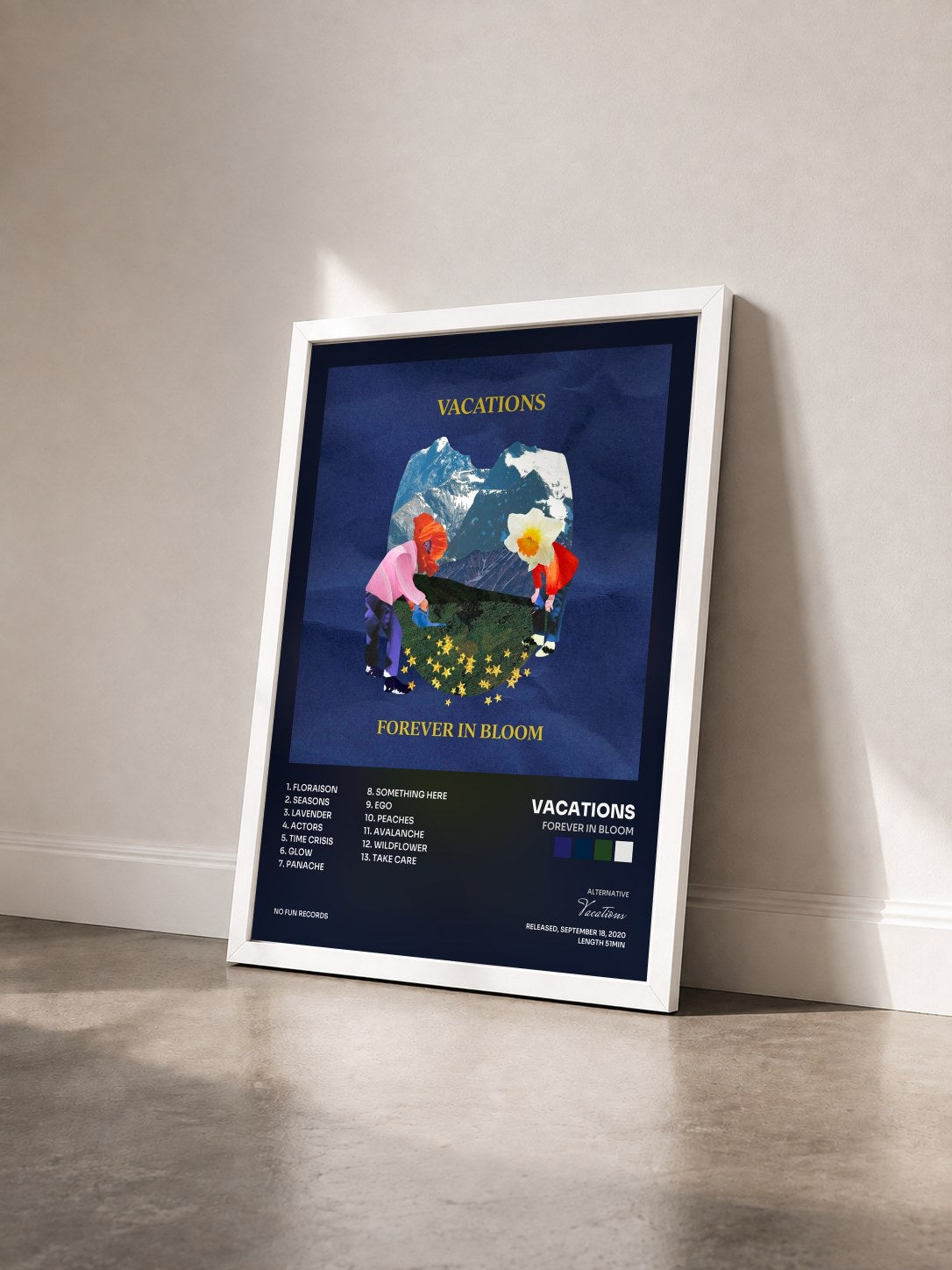#blanc Tableau de l'album Forever in Bloom de Vacations vu de trois quarts, cadre blanc
