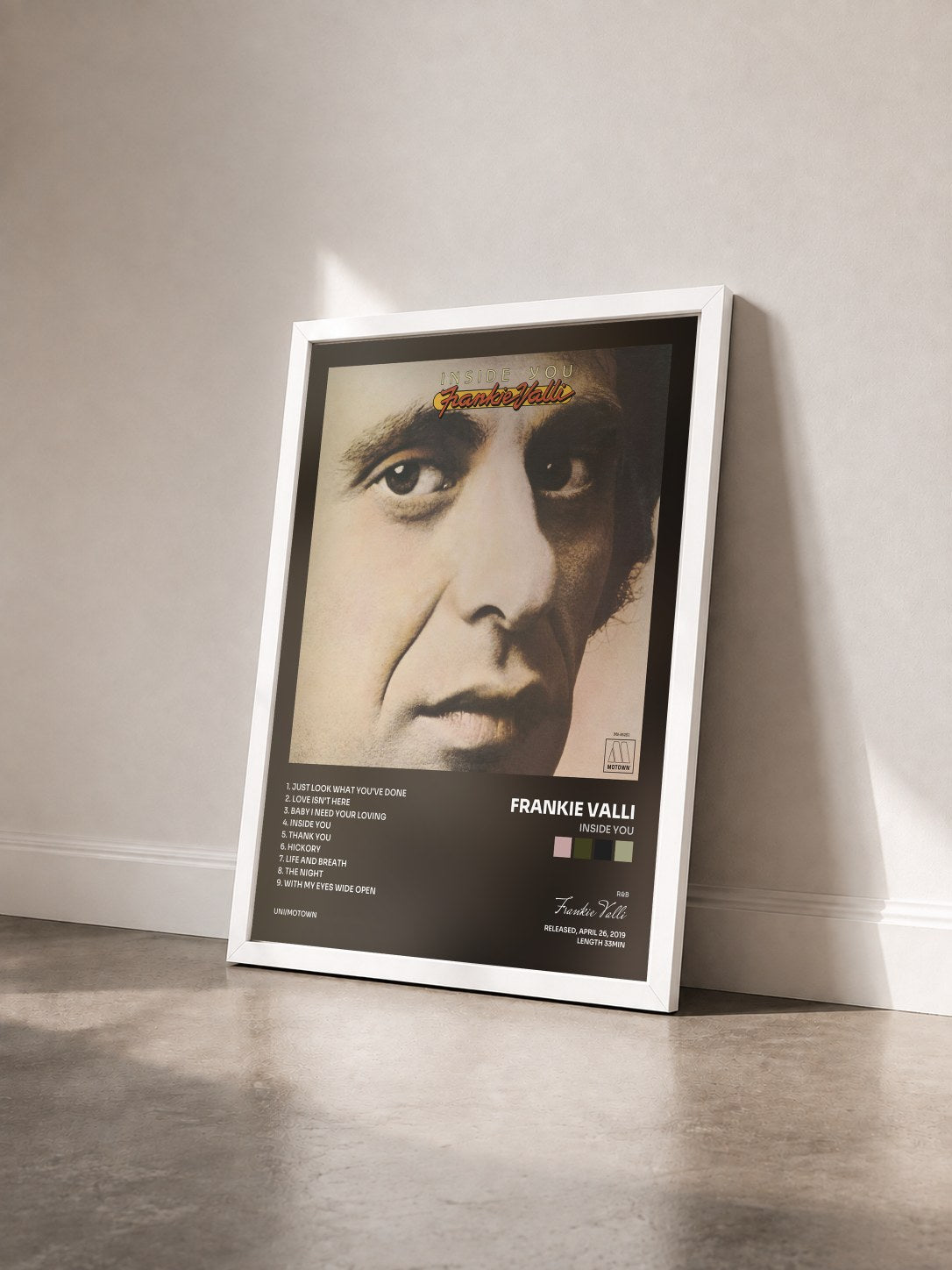 #blanc Tableau de l'album Inside You de Frankie Valli vu de trois quarts, cadre blanc