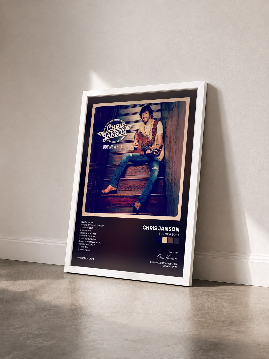 #blanc Tableau de l'album Buy Me a Boat de Chris Janson vu de trois quarts, cadre blanc