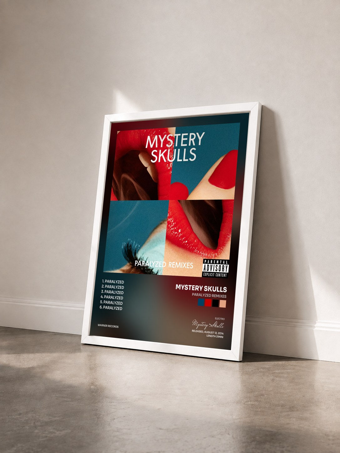 #blanc Tableau de l'album Paralyzed Remixes de Mystery Skulls vu de trois quarts, cadre blanc