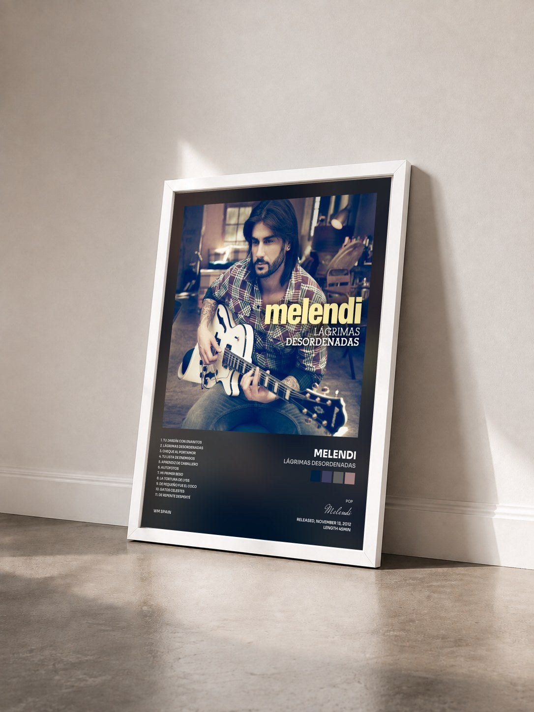 #blanc Tableau de l'album Lágrimas desordenadas de Melendi vu de trois quarts, cadre blanc