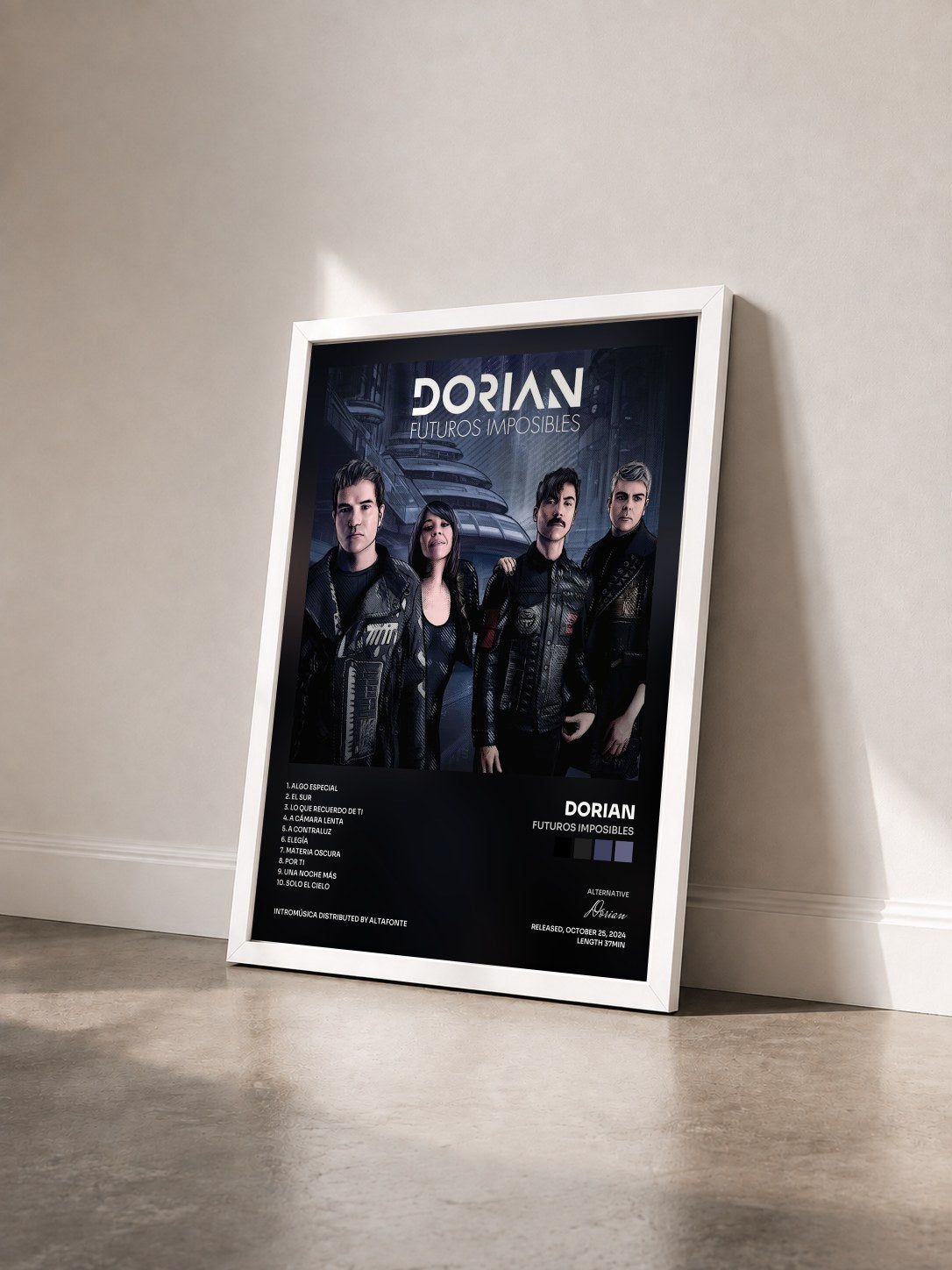 #blanc Tableau de l'album Futuros Imposibles de Dorian vu de trois quarts, cadre blanc