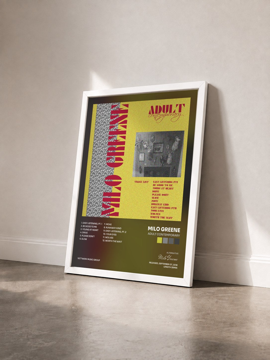 #blanc Tableau de l'album Adult Contemporary de Milo Greene vu de trois quarts, cadre blanc