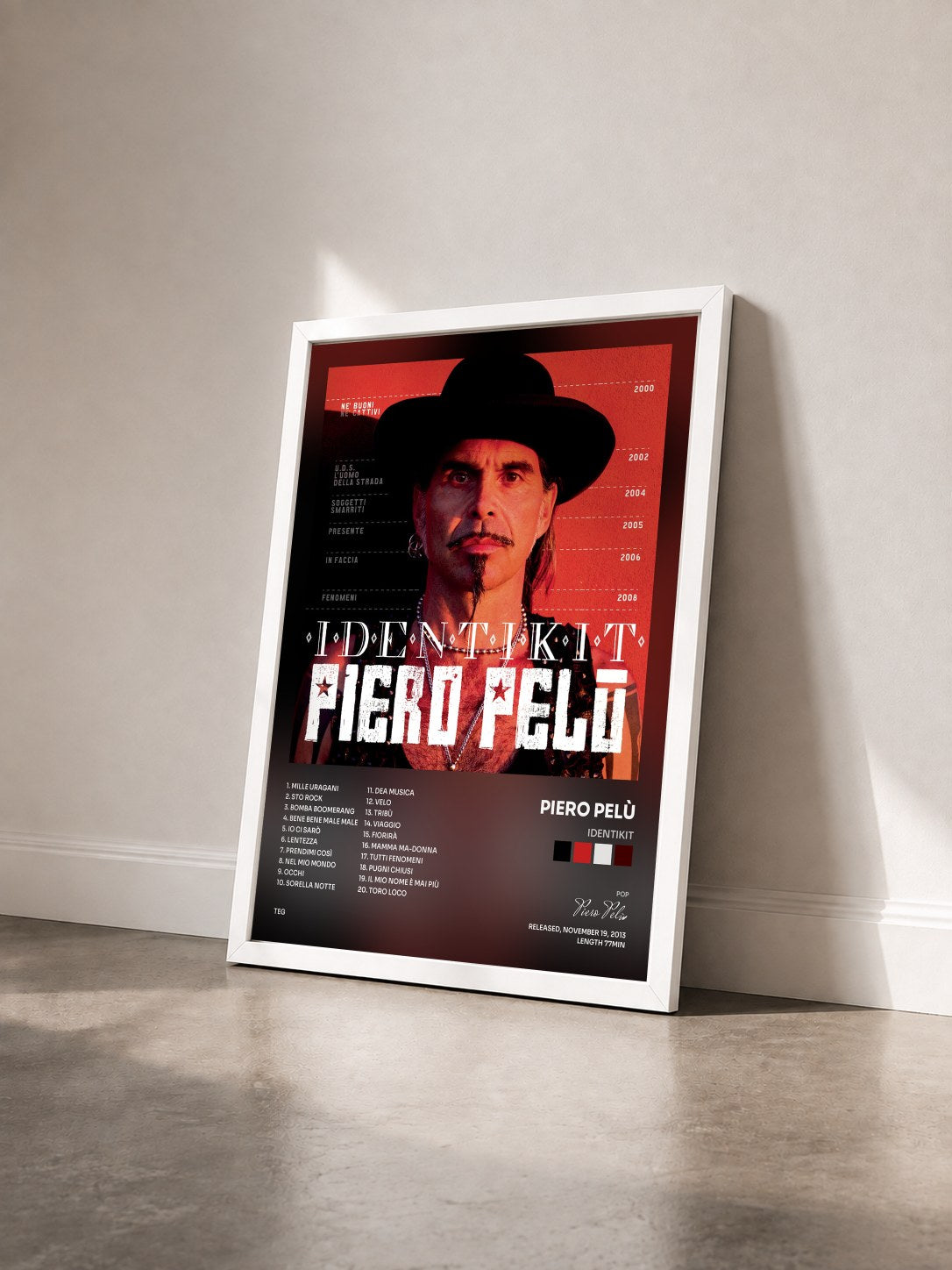 #blanc Tableau de l'album Identikit de Piero Pelù vu de trois quarts, cadre blanc