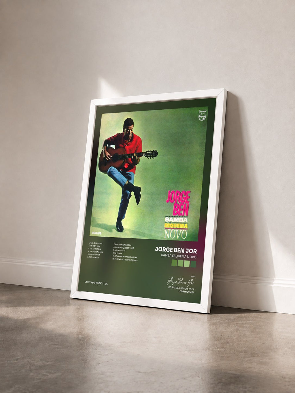 #blanc Tableau de l'album Samba Esquema Novo de Jorge Ben Jor vu de trois quarts, cadre blanc