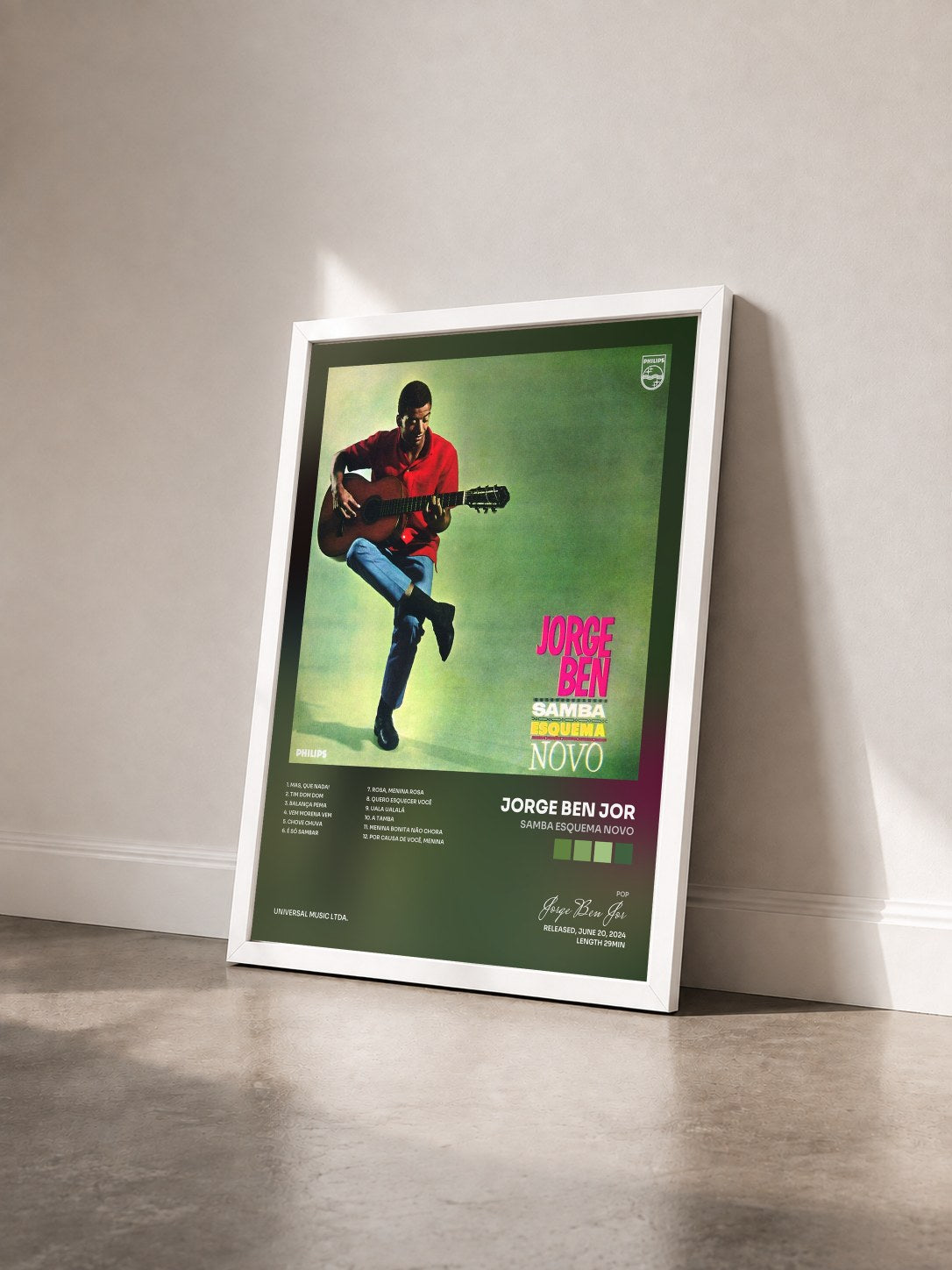 #blanc Tableau de l'album Samba Esquema Novo de Jorge Ben Jor vu de trois quarts, cadre blanc