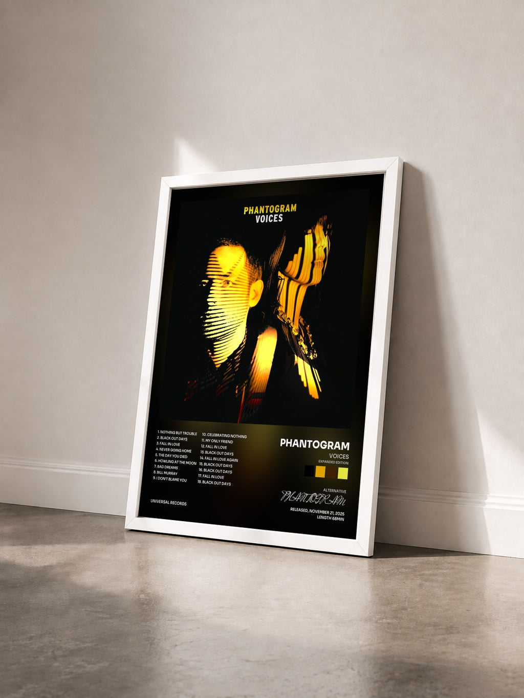 #blanc Voices (Expanded Edition) by PHANTOGRAM as a framed art print seen at an angle, white frame