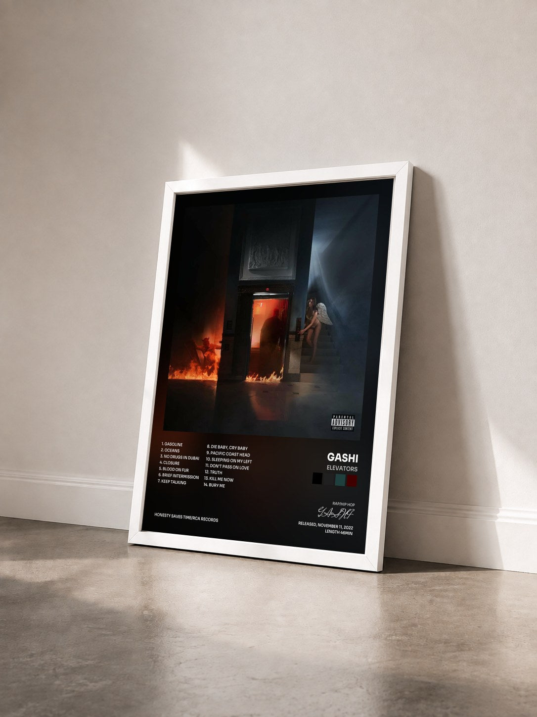 #blanc Tableau de l'album ELEVATORS de GASHI vu de trois quarts, cadre blanc