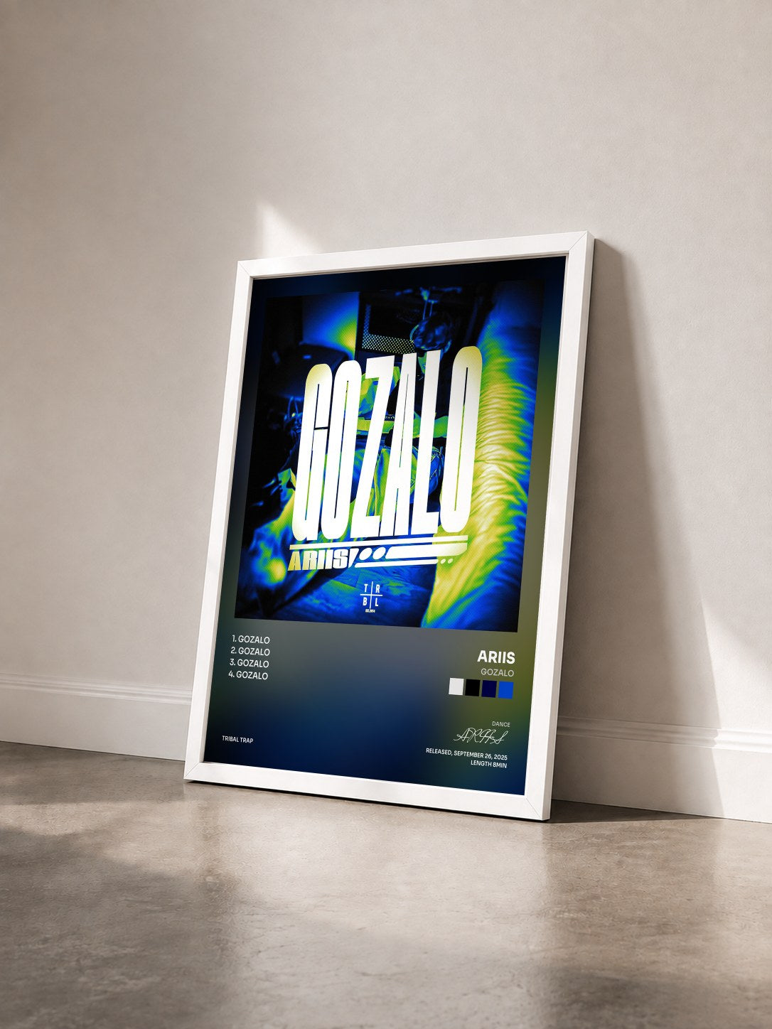 #blanc Tableau de l'album GOZALO de ARIIS vu de trois quarts, cadre blanc