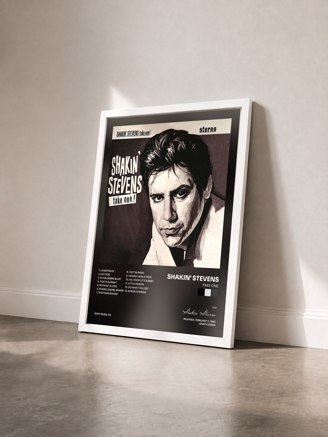 #blanc Tableau de l'album Take One de Shakin' Stevens vu de trois quarts, cadre blanc