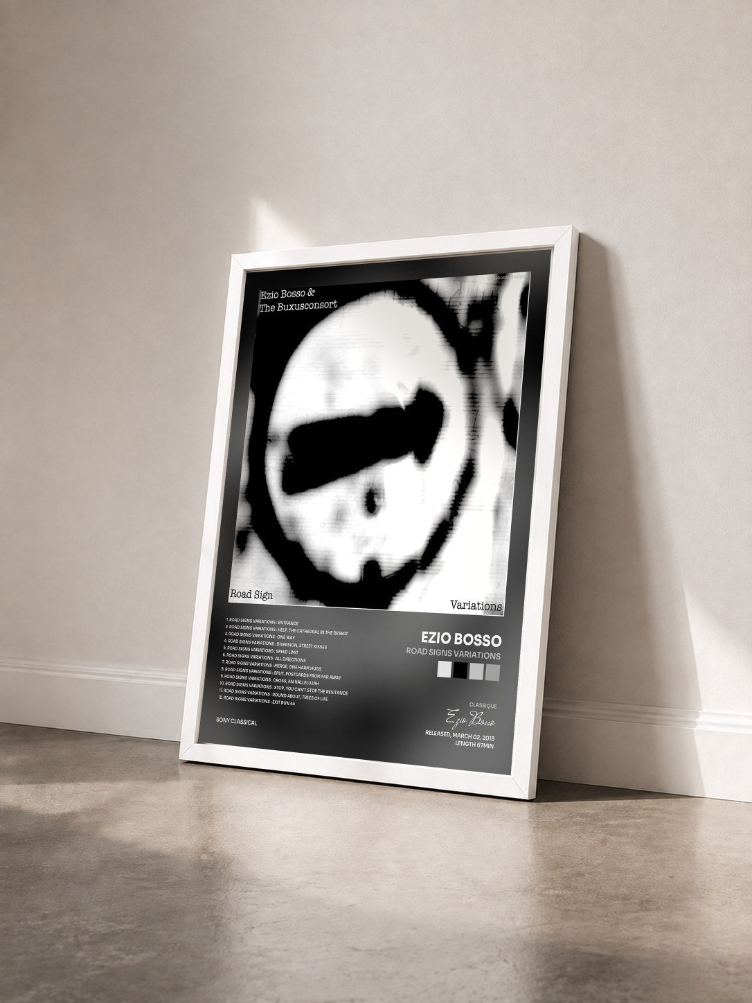 #blanc Tableau de l'album Road Signs Variations de Ezio Bosso vu de trois quarts, cadre blanc