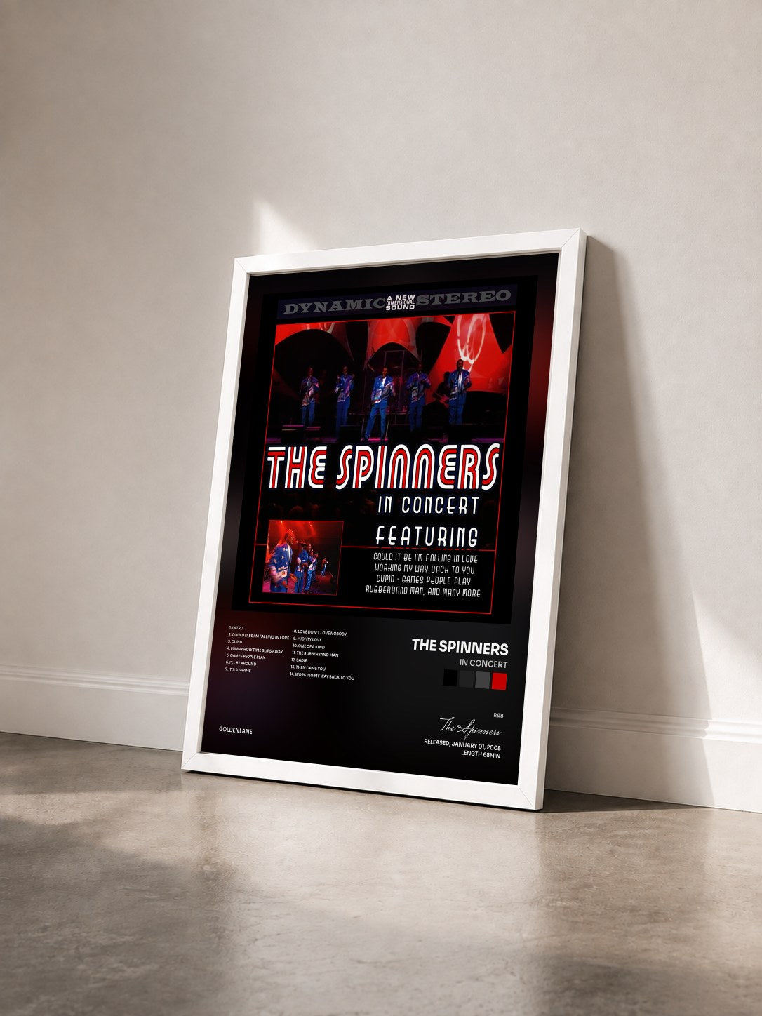 #blanc Tableau de l'album In Concert de The Spinners vu de trois quarts, cadre blanc