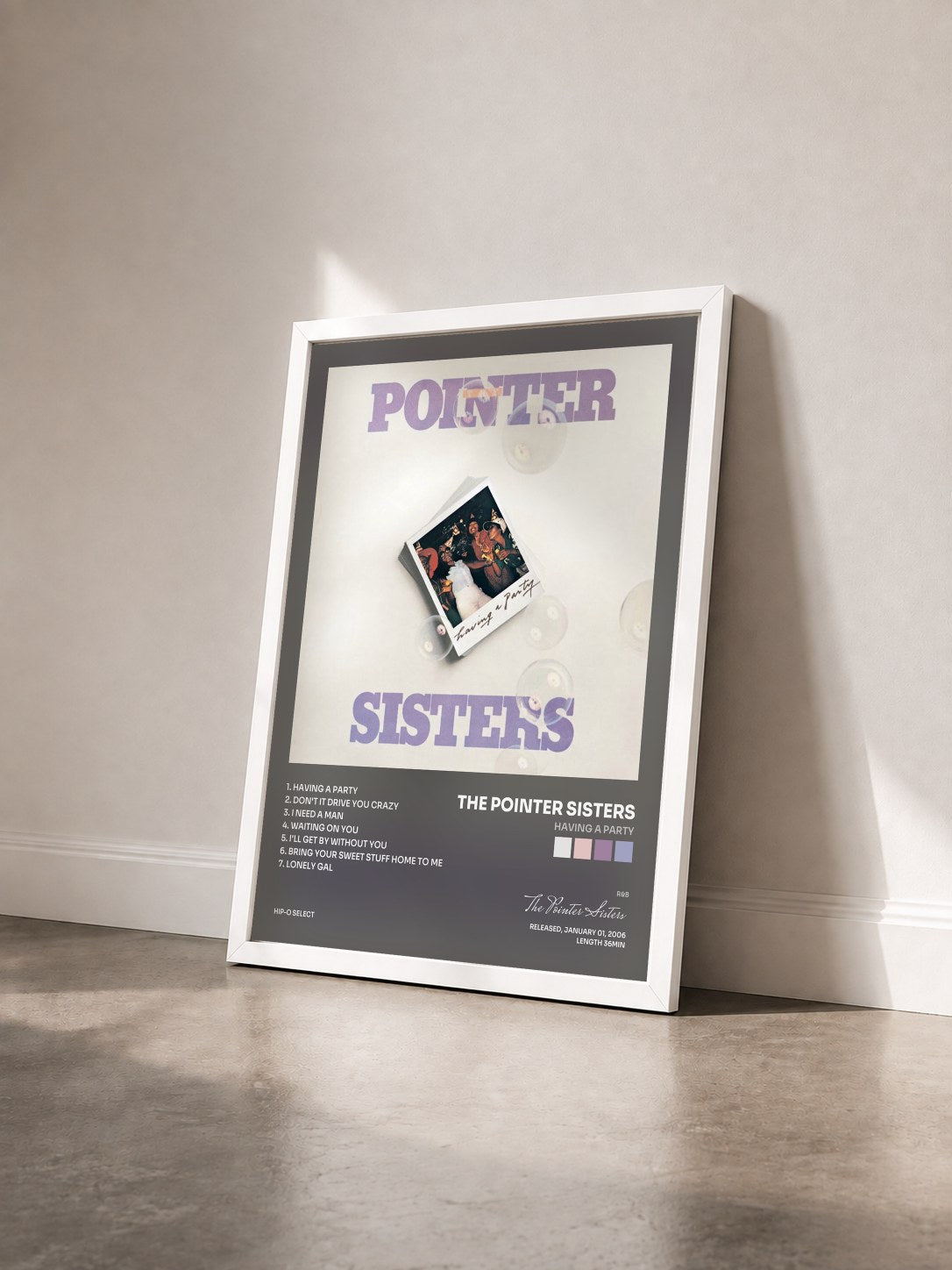 #blanc Tableau de l'album Having A Party de The Pointer Sisters vu de trois quarts, cadre blanc