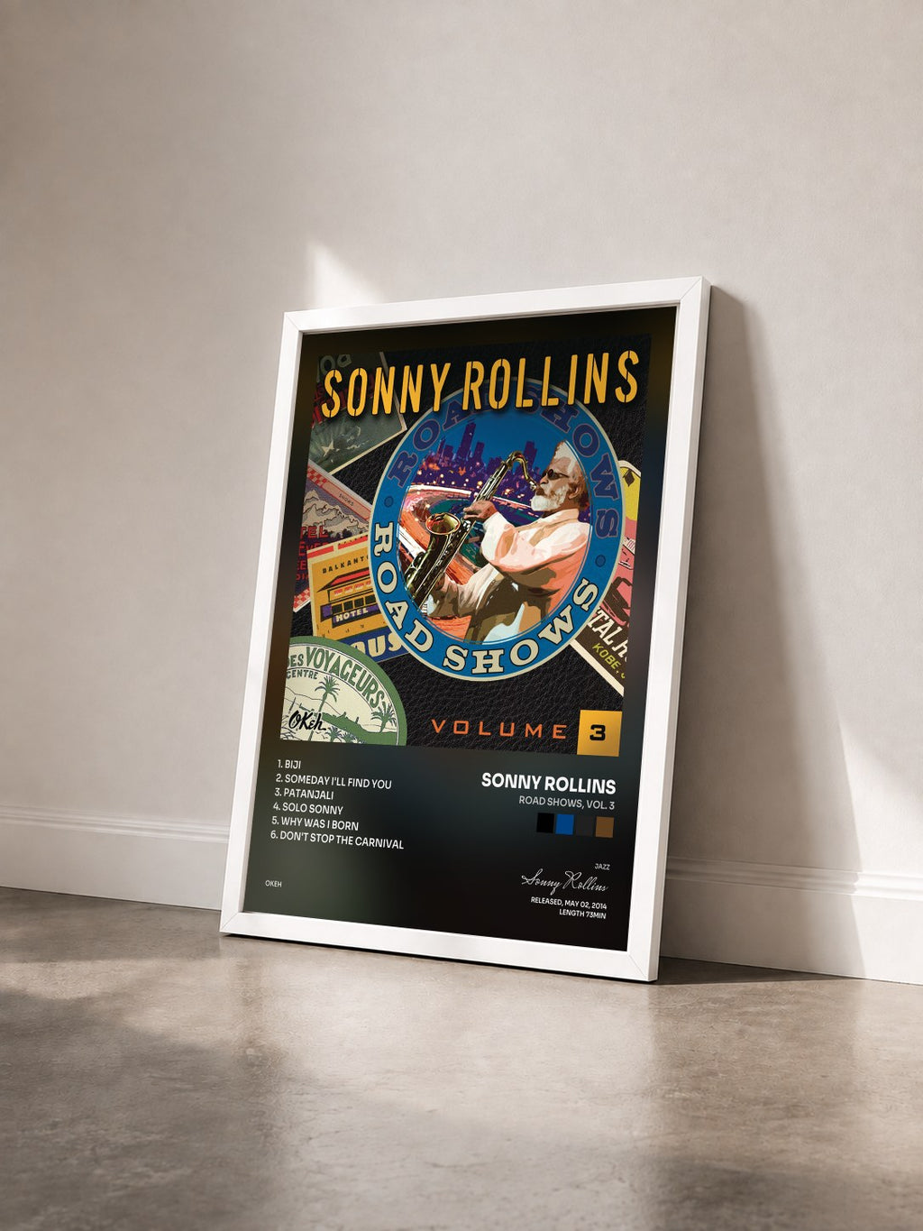 #blanc Tableau de l'album Road Shows, Vol. 3 de Sonny Rollins vu de trois quarts, cadre blanc