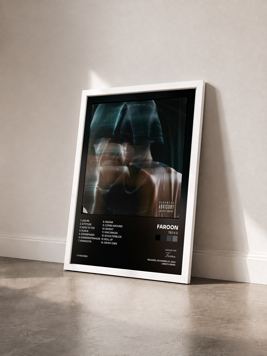#blanc Tableau de l'album TBJ V.2 de Faroon vu de trois quarts, cadre blanc