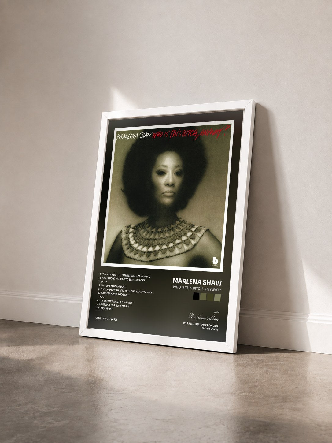 #blanc Tableau de l'album Who Is This Bitch, Anyway? de Marlena Shaw vu de trois quarts, cadre blanc