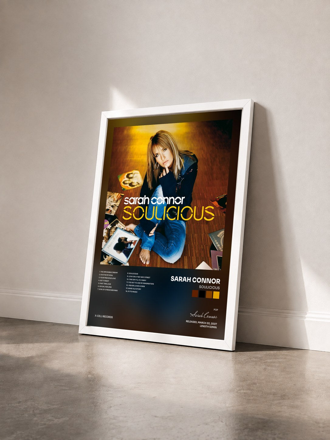 #blanc Tableau de l'album Soulicious de Sarah Connor vu de trois quarts, cadre blanc