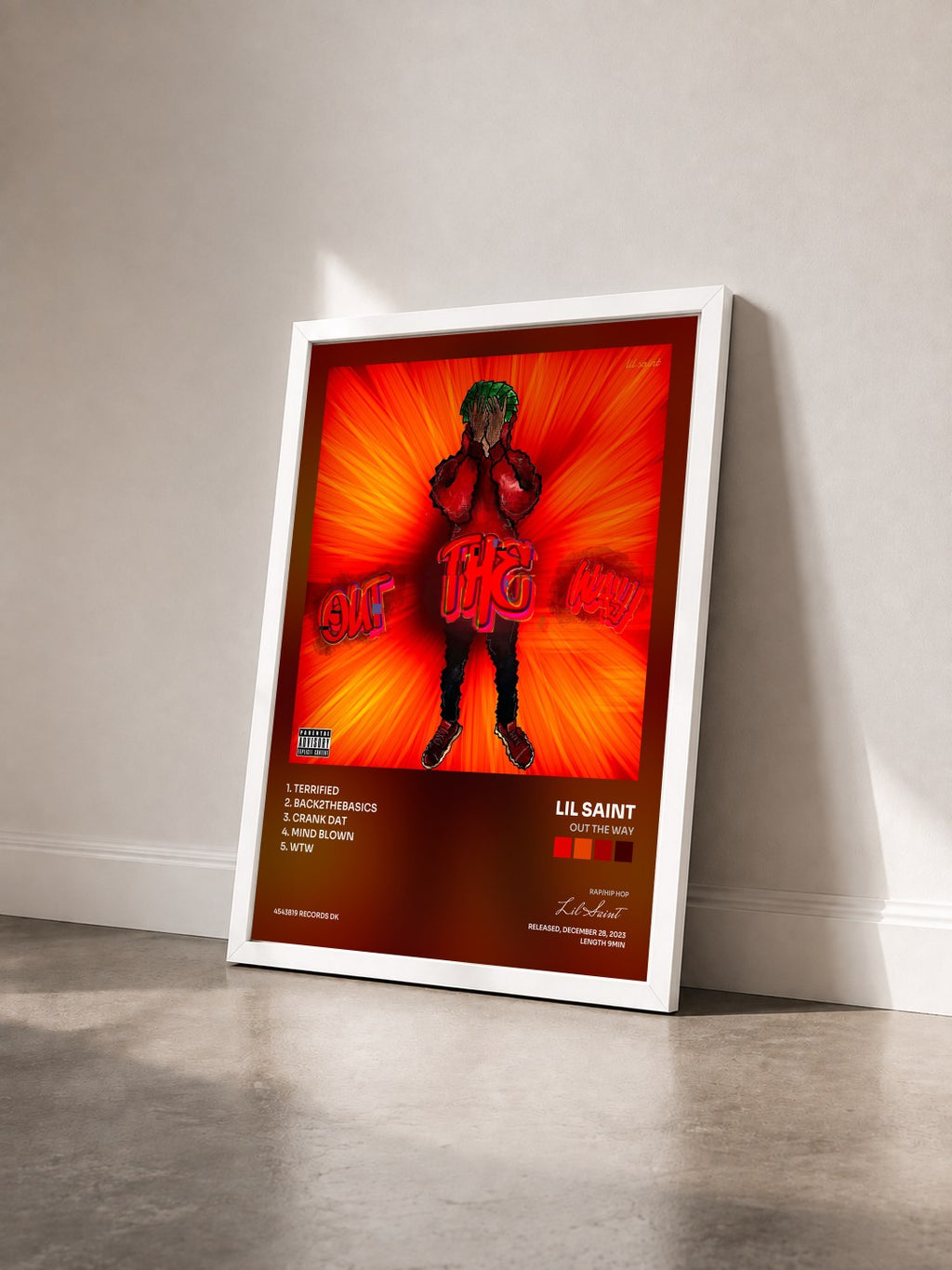 #blanc Tableau de l'album Out The Way de Lil Saint vu de trois quarts, cadre blanc