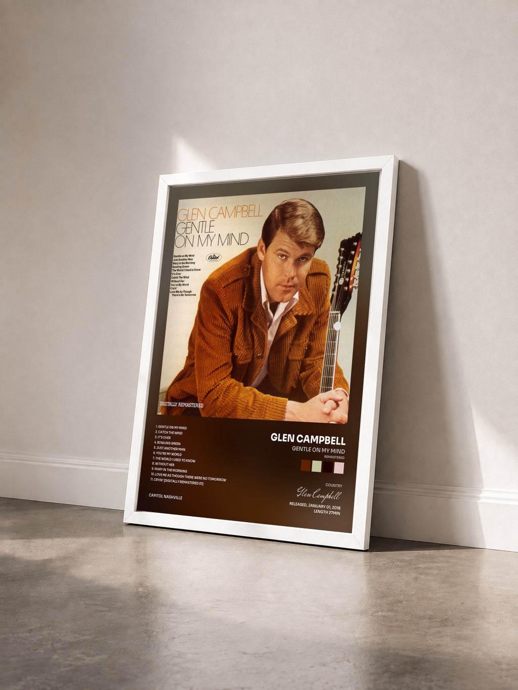 #blanc Gentle On My Mind (Remastered) by Glen Campbell as a framed art print seen at an angle, white frame