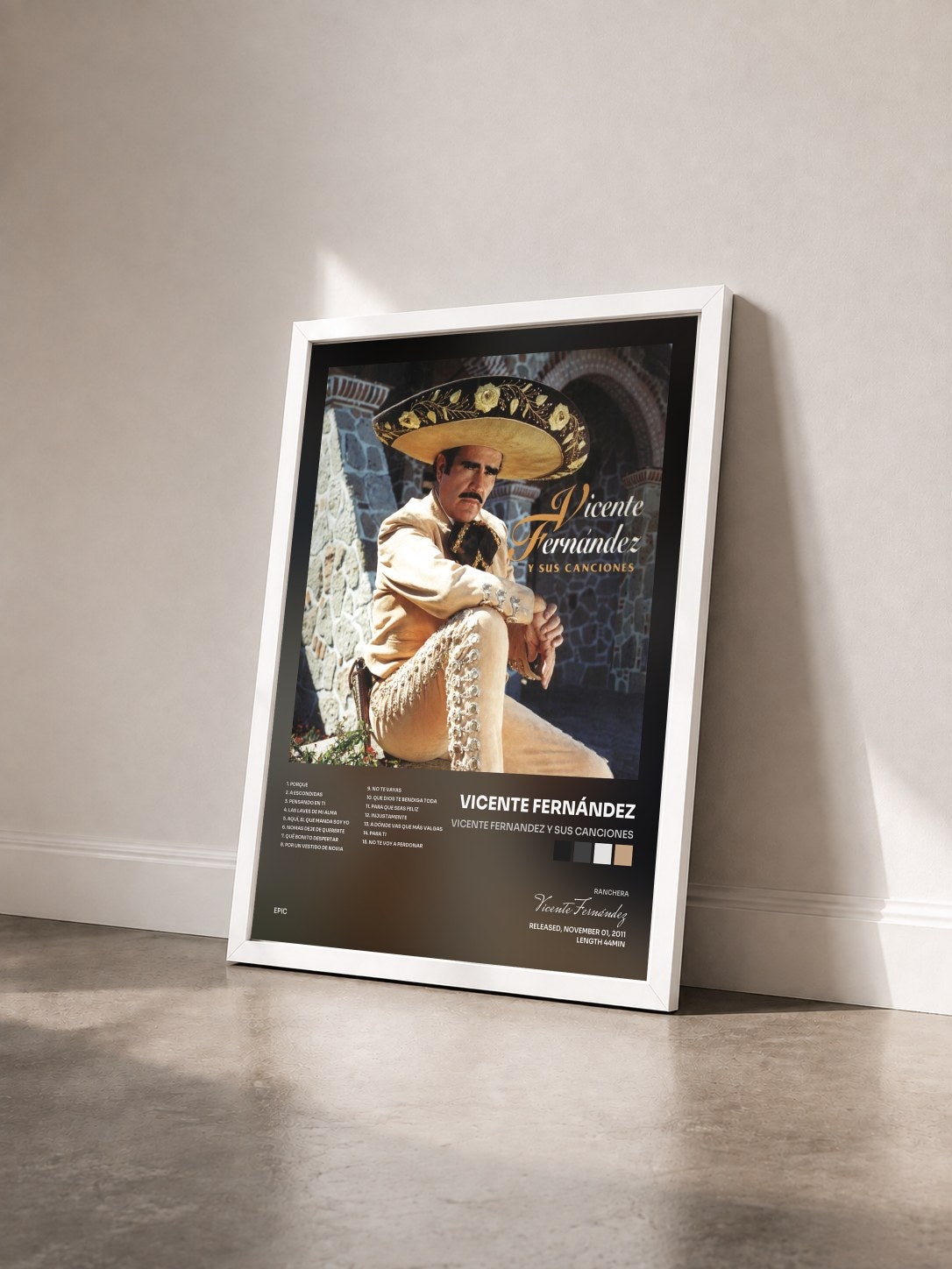 #blanc Tableau de l'album Vicente Fernandez Y Sus Canciones de Vicente Fernández vu de trois quarts, cadre blanc