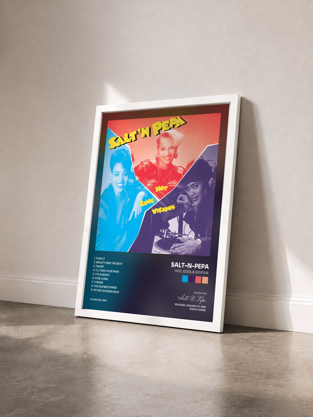 #blanc Tableau de l'album Hot, Cool & Vicious de Salt-N-Pepa vu de trois quarts, cadre blanc