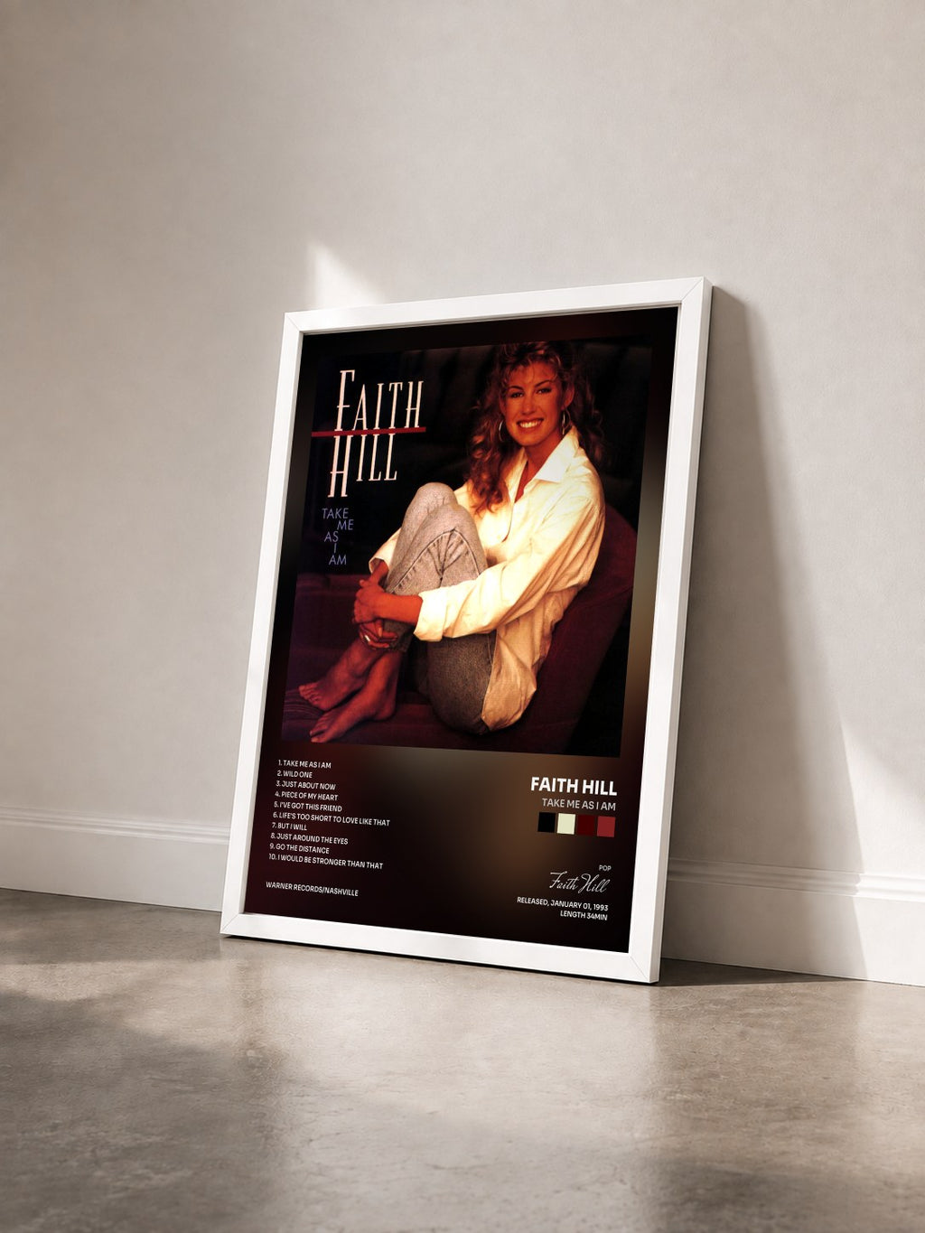 #blanc Tableau de l'album Take Me as I Am de Faith Hill vu de trois quarts, cadre blanc