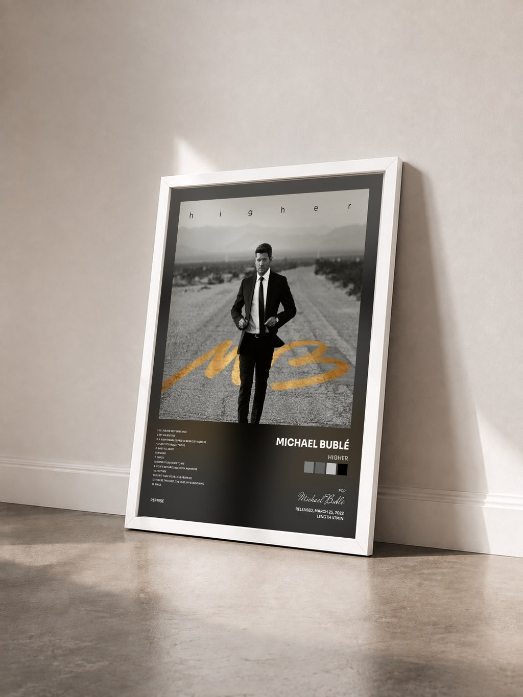 #blanc Tableau de l'album Higher de Michael Bublé vu de trois quarts, cadre blanc