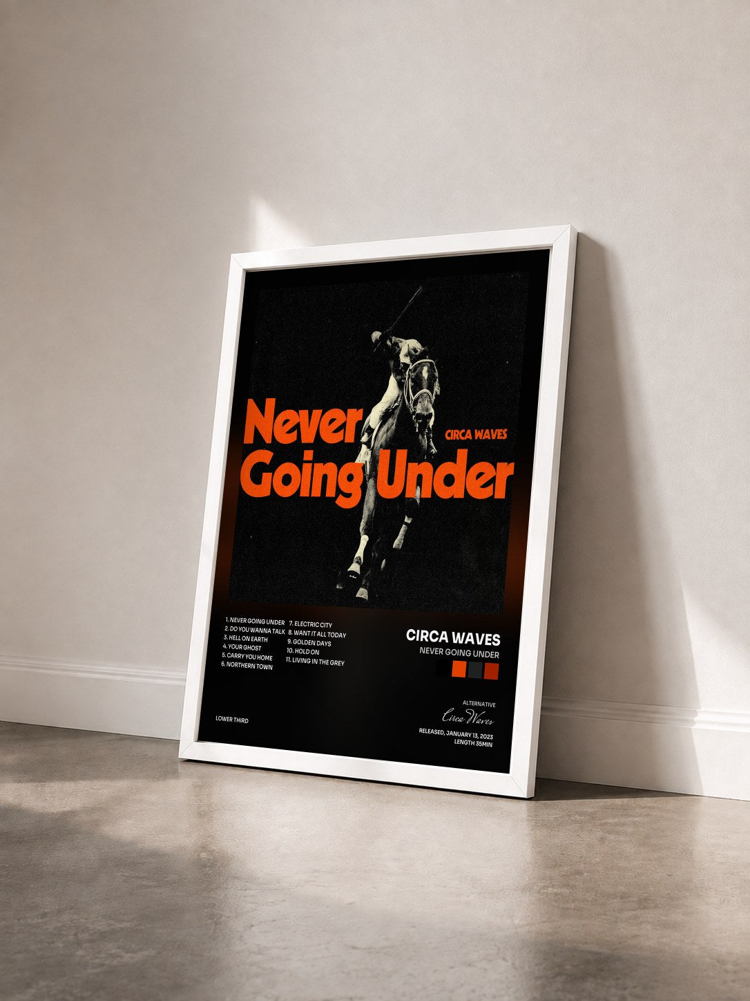 #blanc Tableau de l'album Never Going Under de Circa Waves vu de trois quarts, cadre blanc