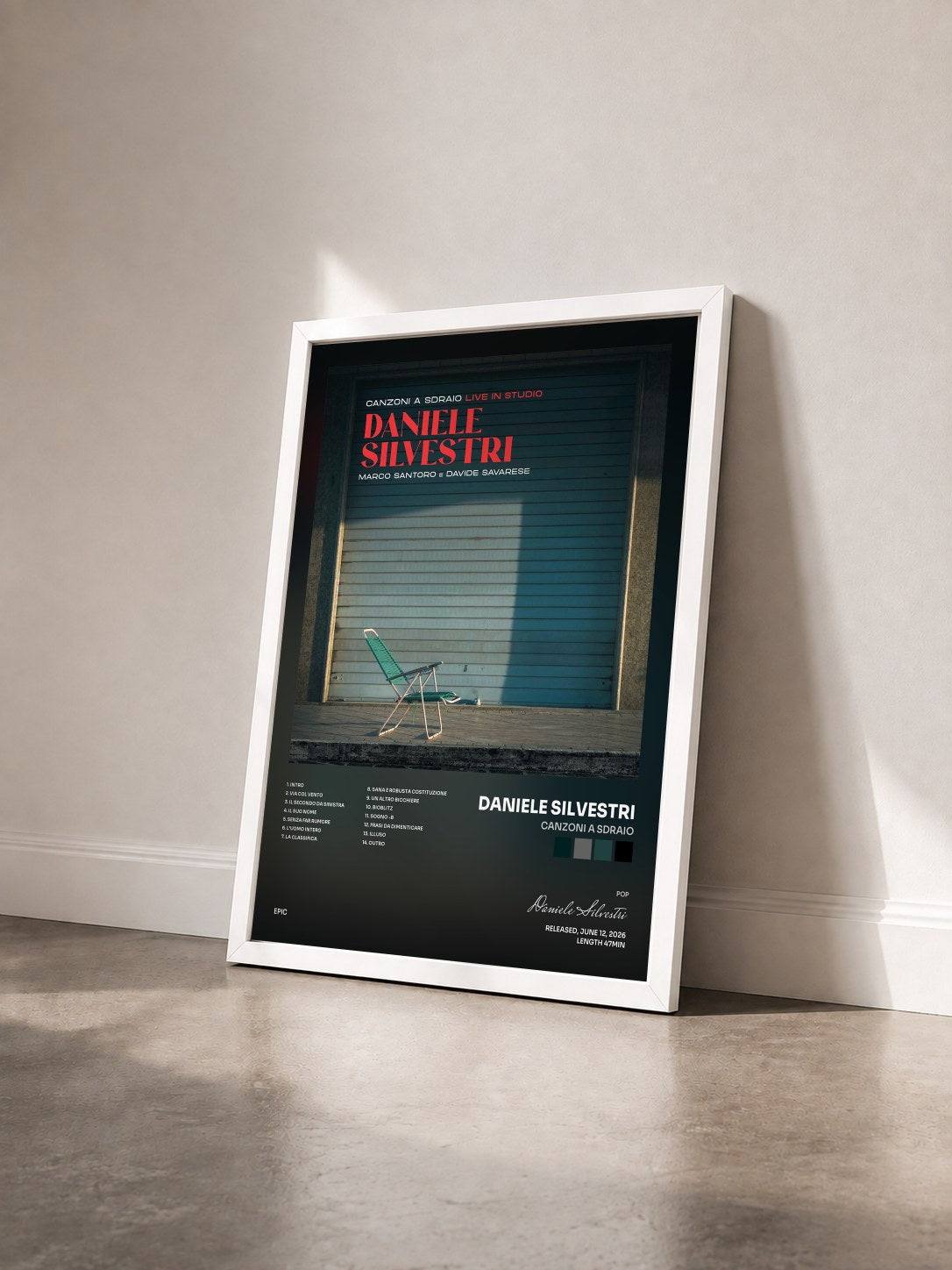 #blanc Tableau de l'album Canzoni a sdraio de Daniele Silvestri vu de trois quarts, cadre blanc